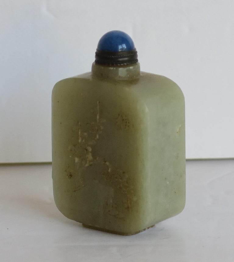 Hand-Carved 19th C Fine Chinese Snuff Bottle Celadon Nephrite Stone Hand Carved & Spoon Top For Sale