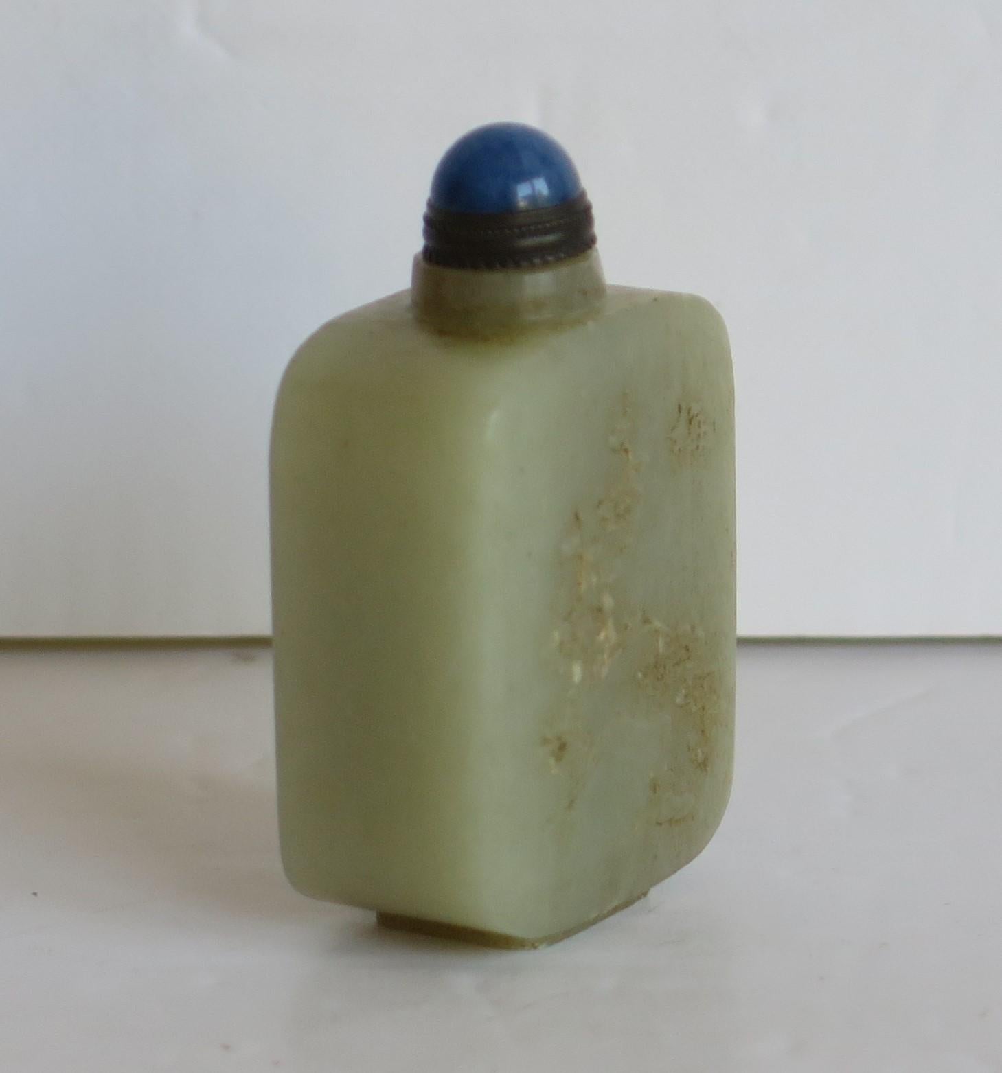 19th Century 19th C Fine Chinese Snuff Bottle Celadon Nephrite Stone Hand Carved & Spoon Top For Sale