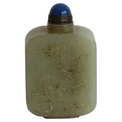 Antique 19th C Chinese Snuff Bottle Celadon Nephrite Stone Hand Carved & Spoon Top