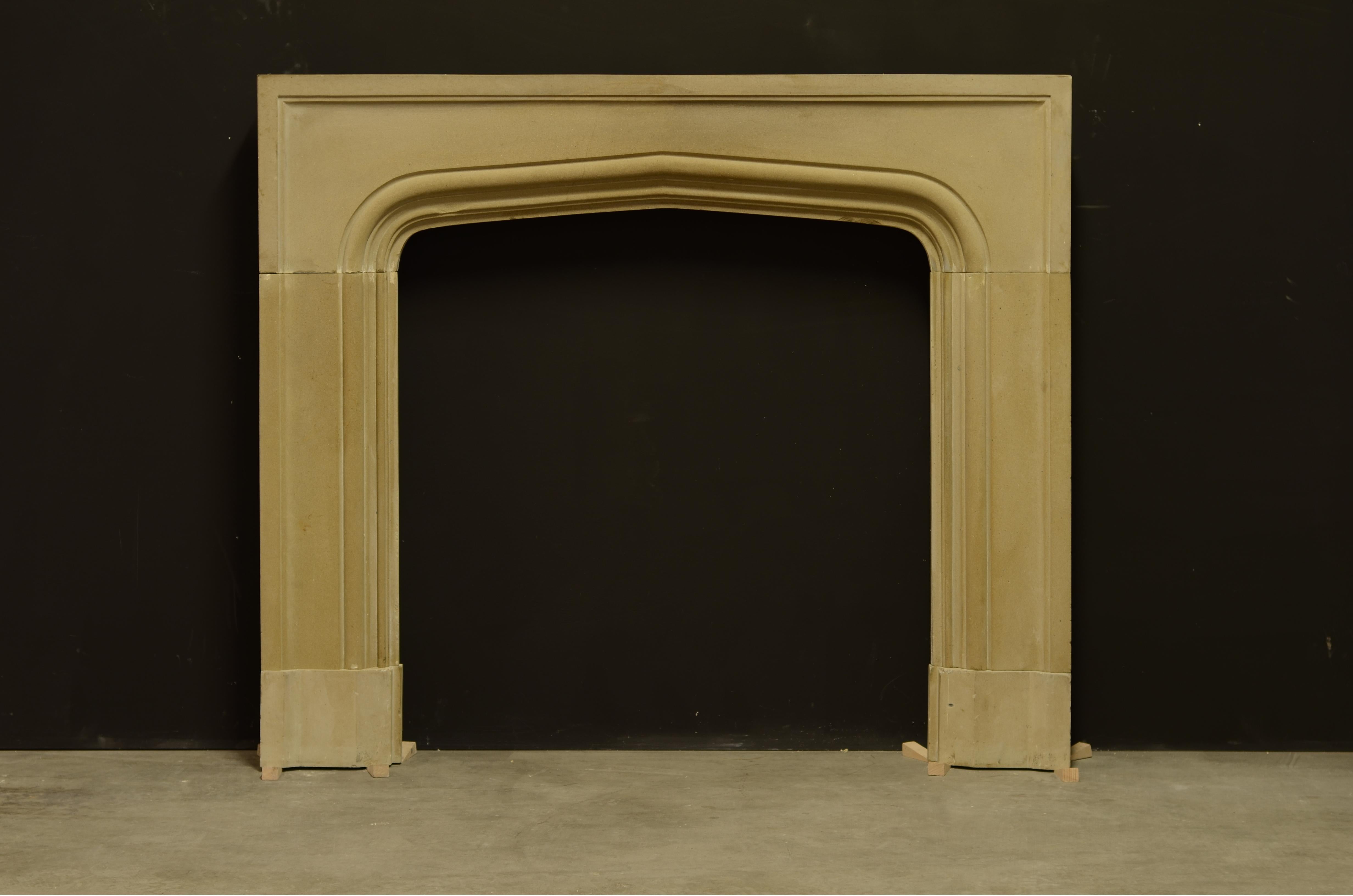 Very nice profiled Tudor profile in soft toned and warm colored sandstone.
Perfect dimensions, was installed into the wall.

Has some small chips but overall very nice condition and patina.
This lovely fireplace is sold by Schermerhorn antique