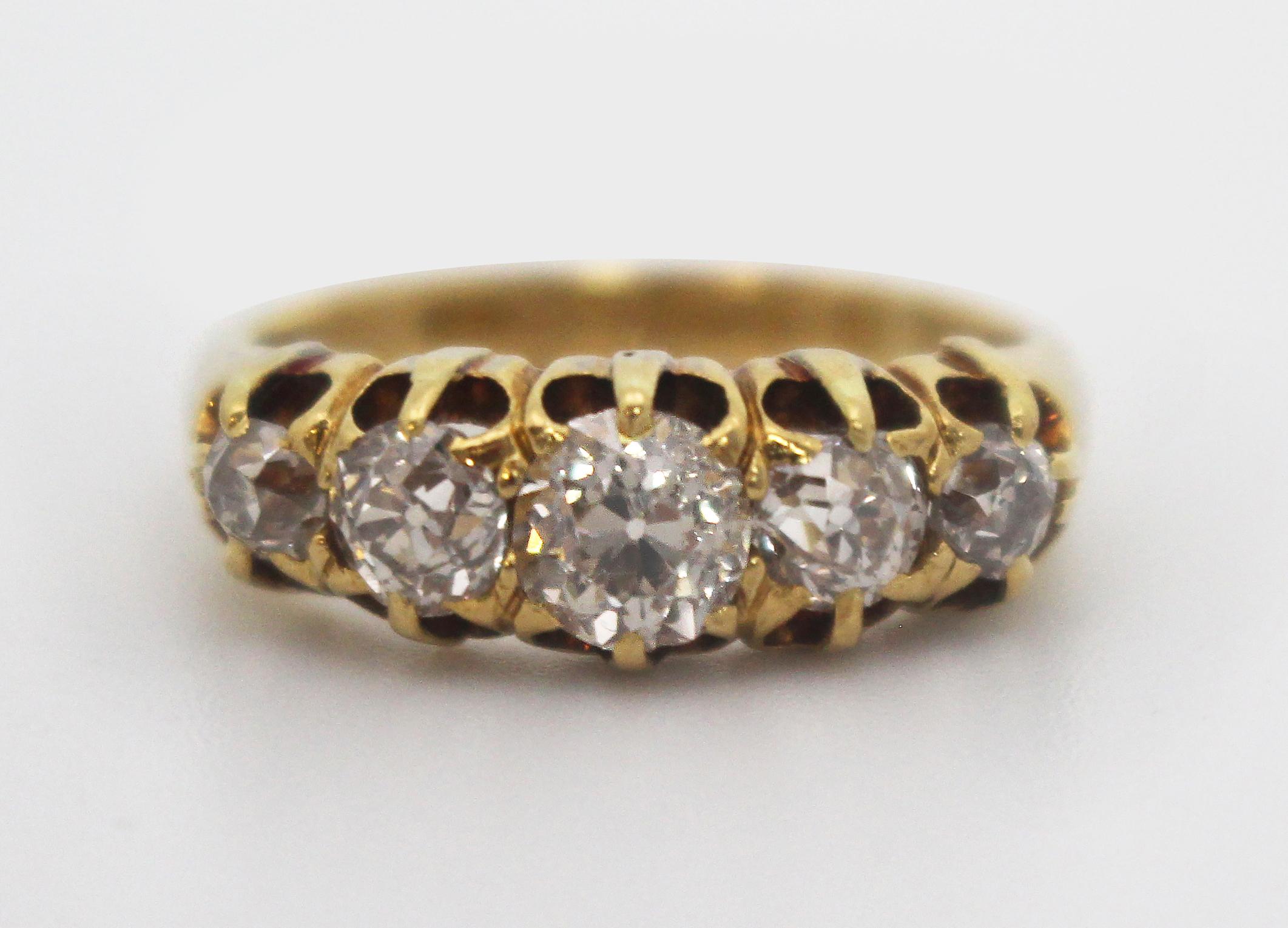 19th c. Five stone diamond ring 18ct gold


Late 19th c., English

Stone five graduating sized claw set old European cut diamonds. Total diamond weight 1.67 carat, Colour assessed as G-I, clarity assessed as SI1-SI2

Ring 18ct gold.