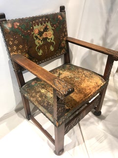 19th Century Flemish Armchair with Embossed and Painted Leather Upholstery