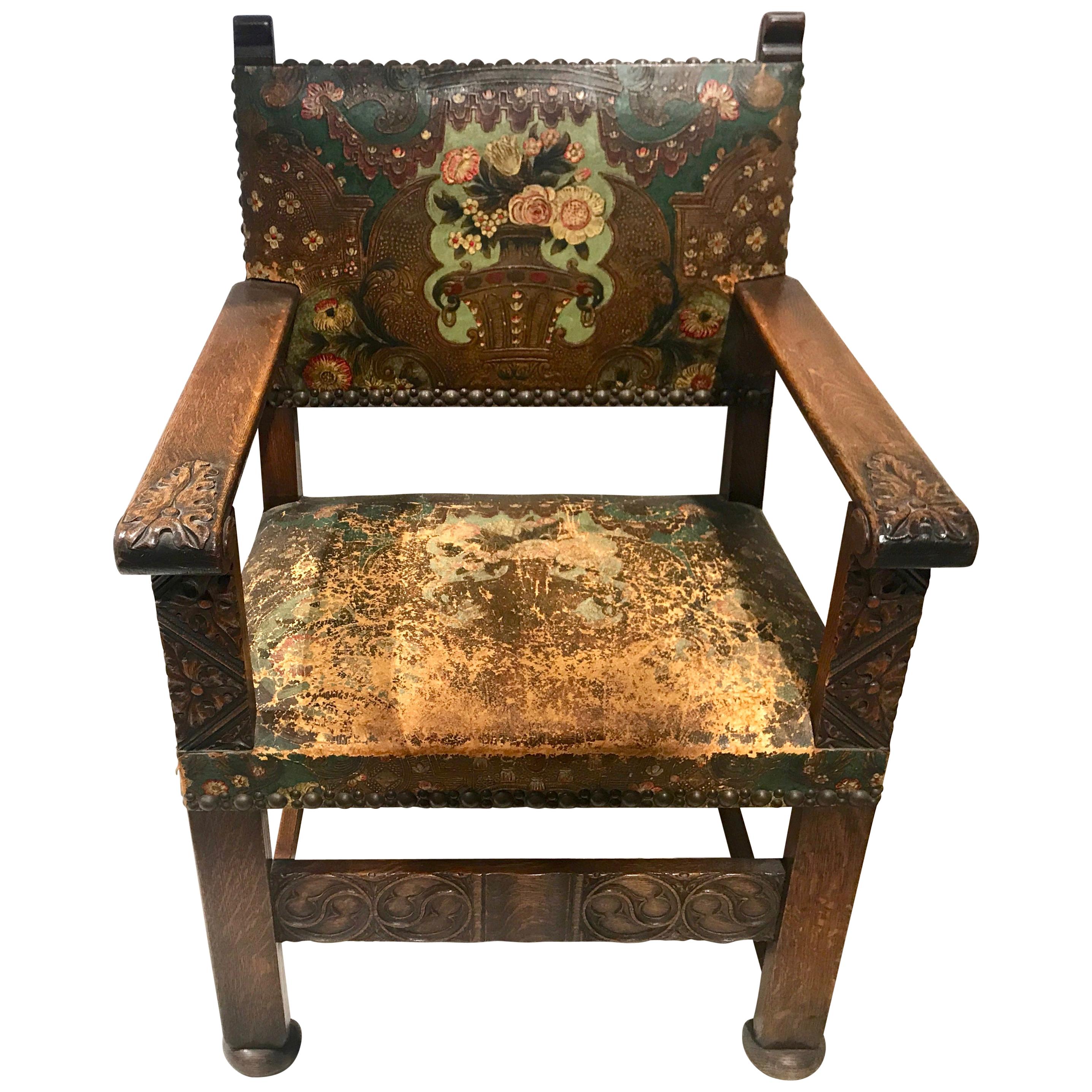 19th Century Flemish Armchair with Embossed and Painted Leather Upholstery For Sale
