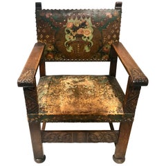 19th Century Flemish Armchair with Embossed and Painted Leather Upholstery