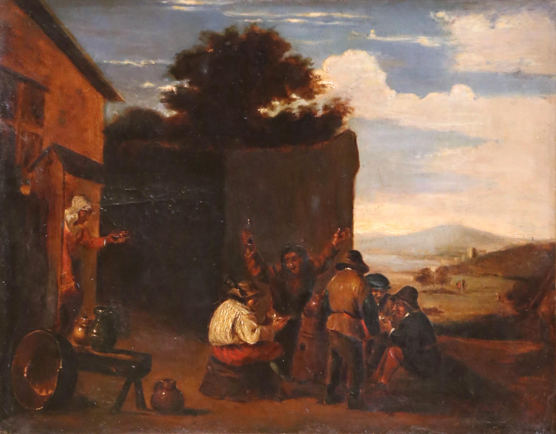 Belgian 19th C. Flemish Oil on Canvas Painting in Gilt Frame, in the Manner of Teniers For Sale