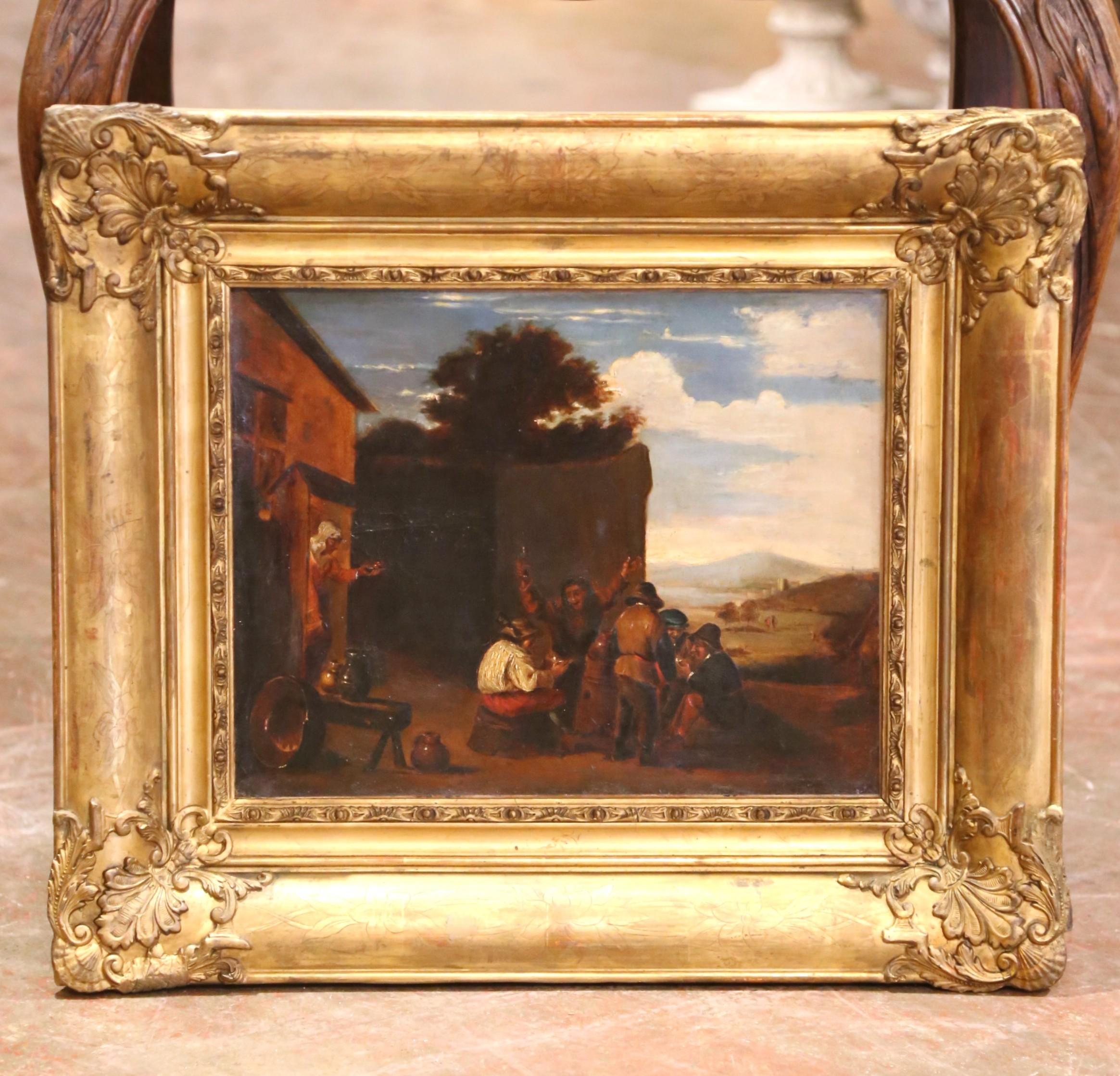 19th C. Flemish Oil on Canvas Painting in Gilt Frame, in the Manner of Teniers In Excellent Condition For Sale In Dallas, TX