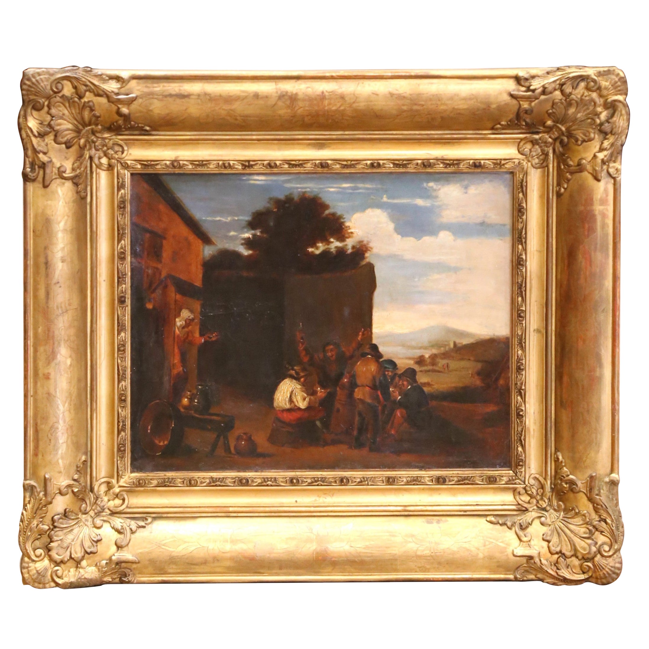 Pittura fiamminga a olio su tela del XIX secolo con cornice dorata, alla maniera di Teniers