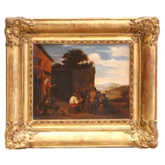 Pittura fiamminga a olio su tela del XIX secolo con cornice dorata, alla maniera di Teniers