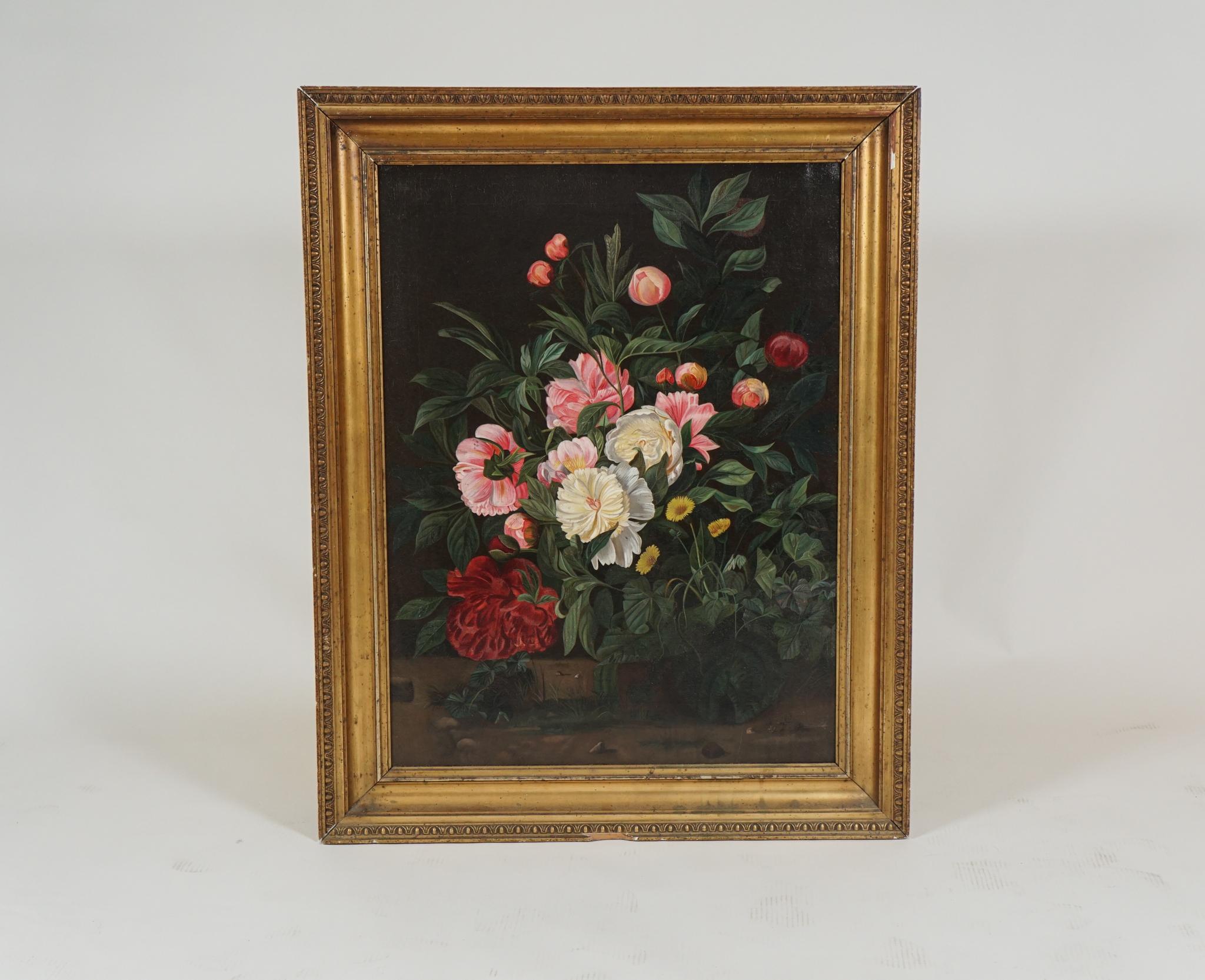 Mid-19th century European flower painting, in the style of the Dutch school, depicting a bouquet of peonies, with yellow daisies on a black background. Original gilded frame.