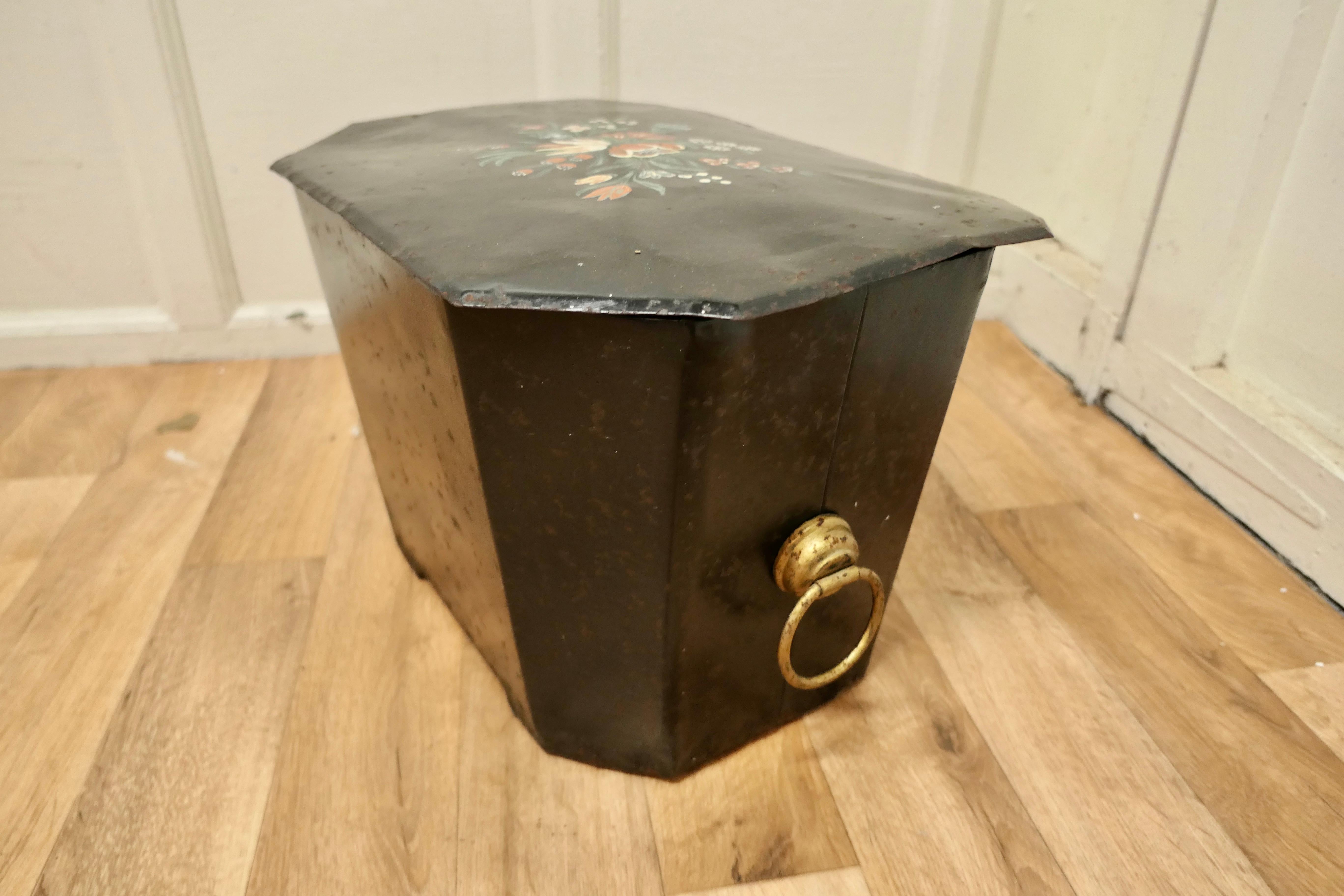 Tin 19th C Folk Art Barge Wear, Toleware Log Box For Sale