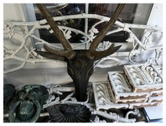 19. Jahrhundert. Folk Art Carved Wood Black Forest Barock Hirschkopf Geweih Wandtrophäe