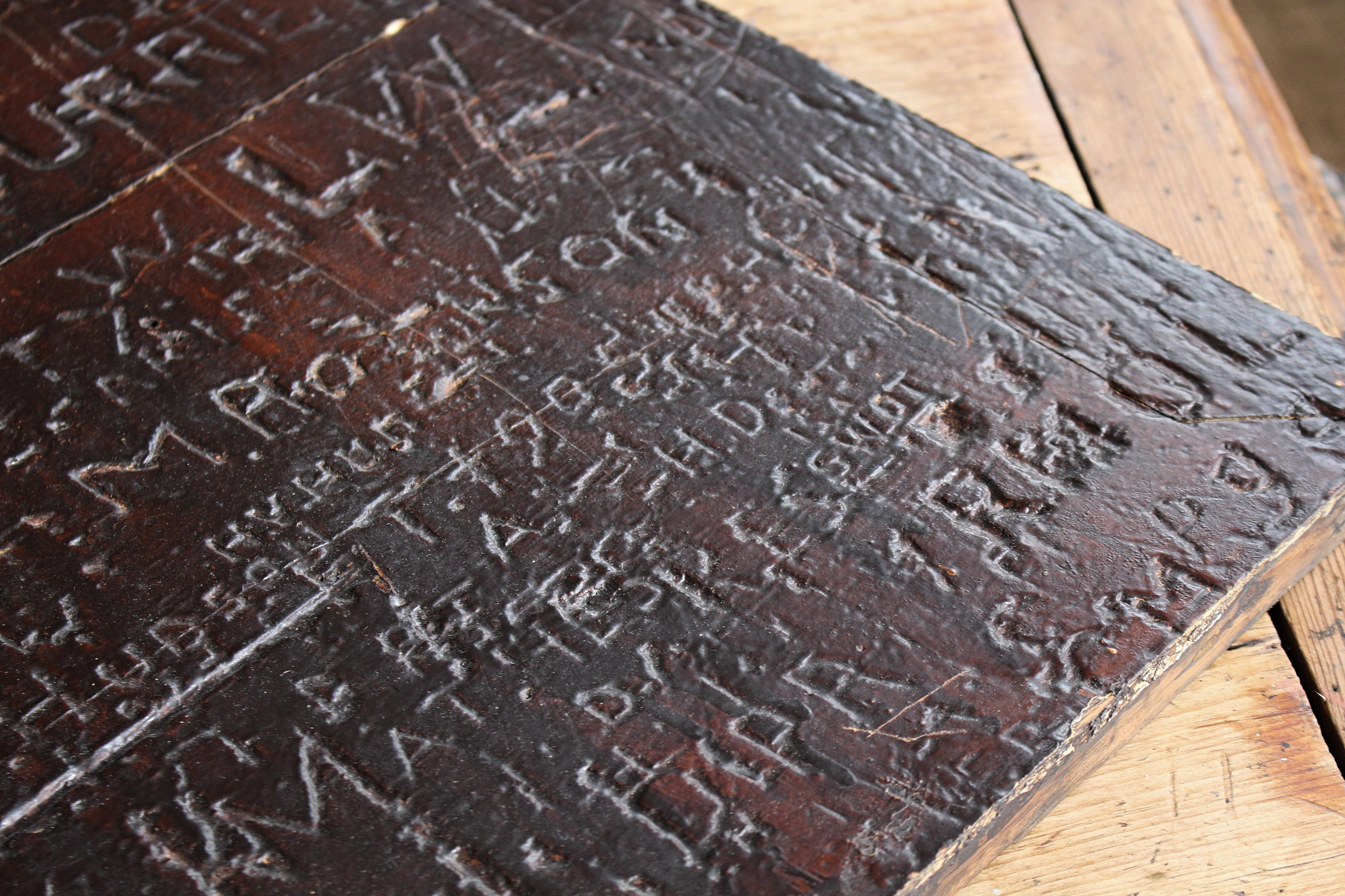 Hand-Carved 19th C Folk Art Graffitied Oak Panel “Leeds Grammar School Founded 1552” Curio For Sale