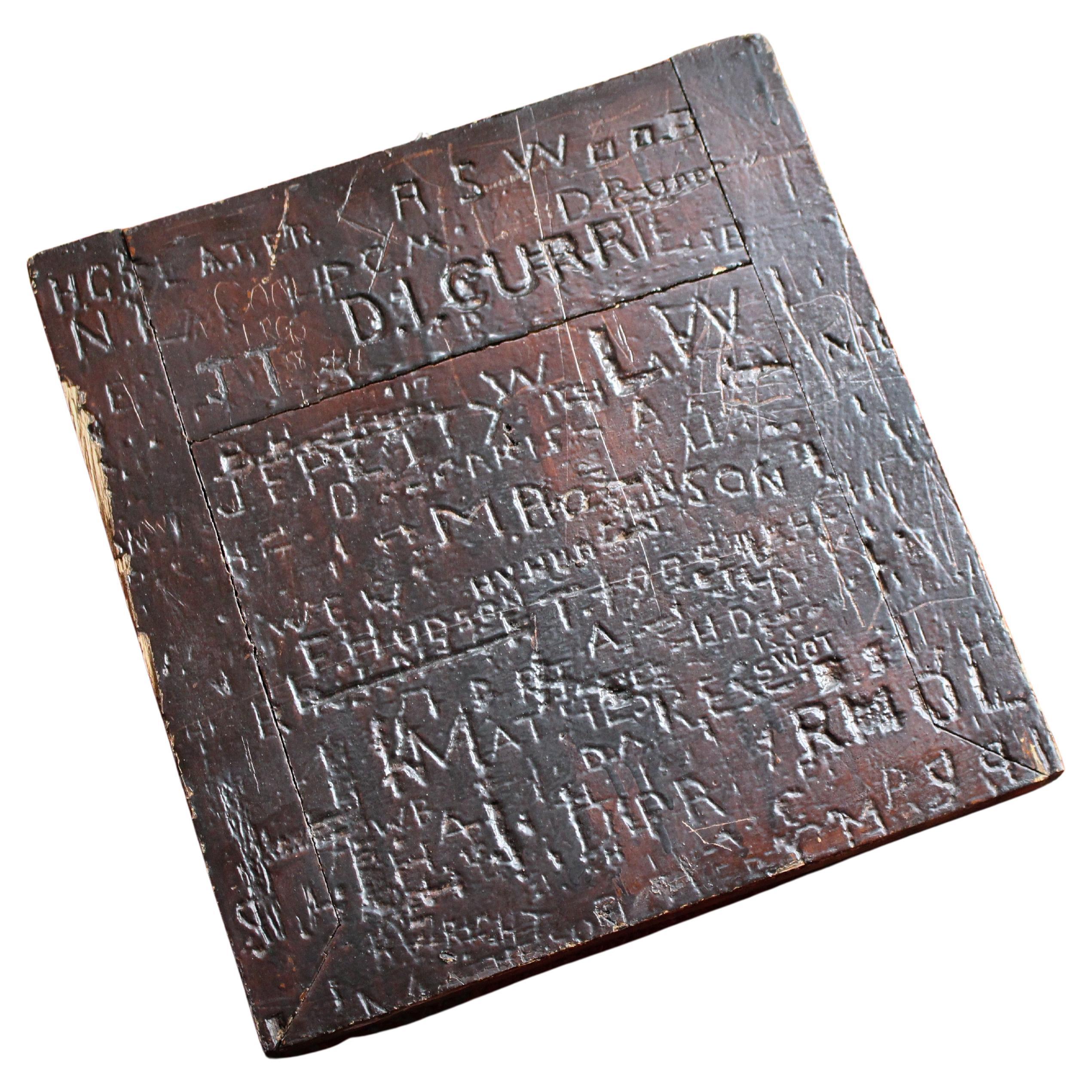 19th C Folk Art Graffitied Oak Panel “Leeds Grammar School Founded 1552” Curio For Sale