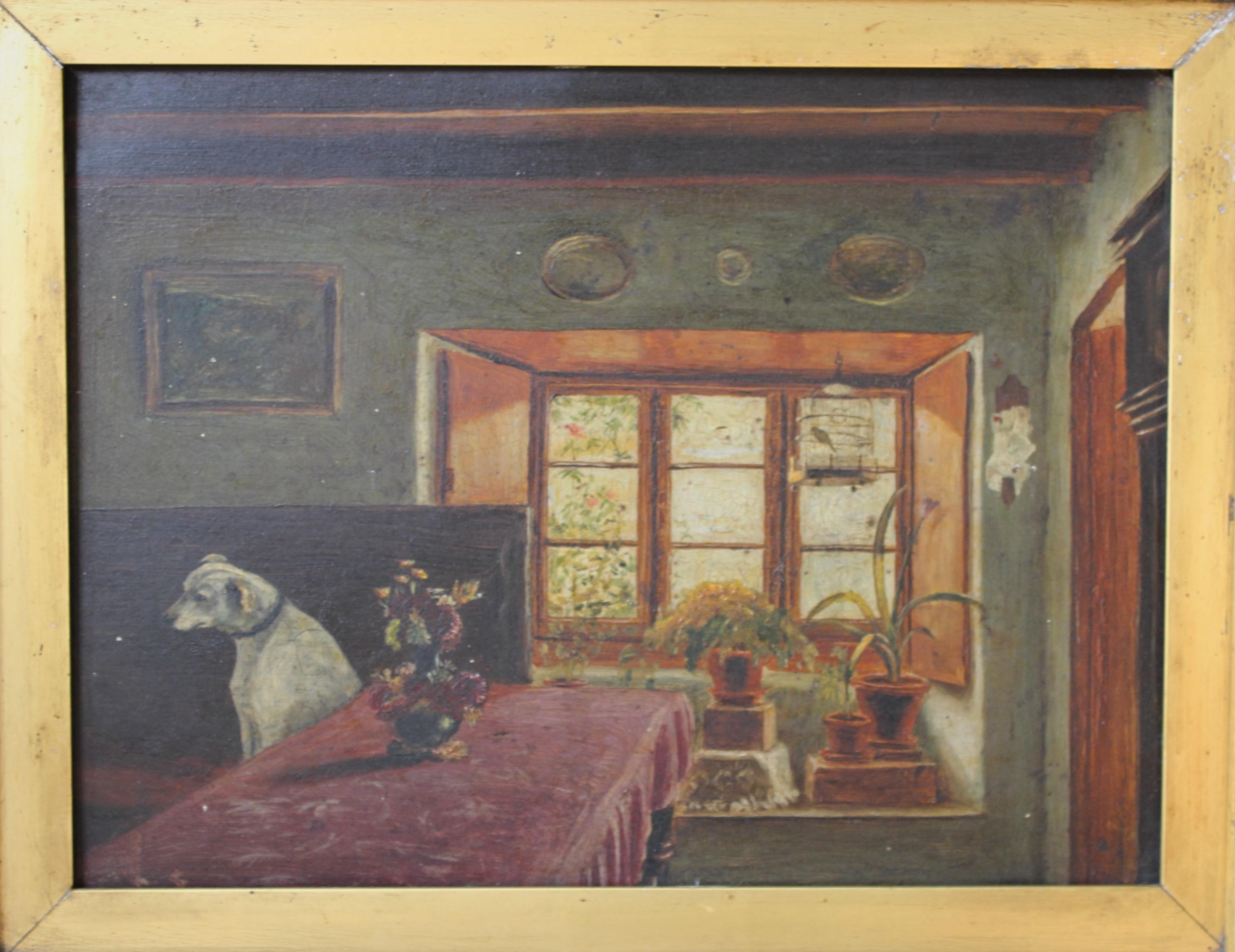 19th C Folk Art J.Wheatley Jones Oil on Board Dog & Interior 