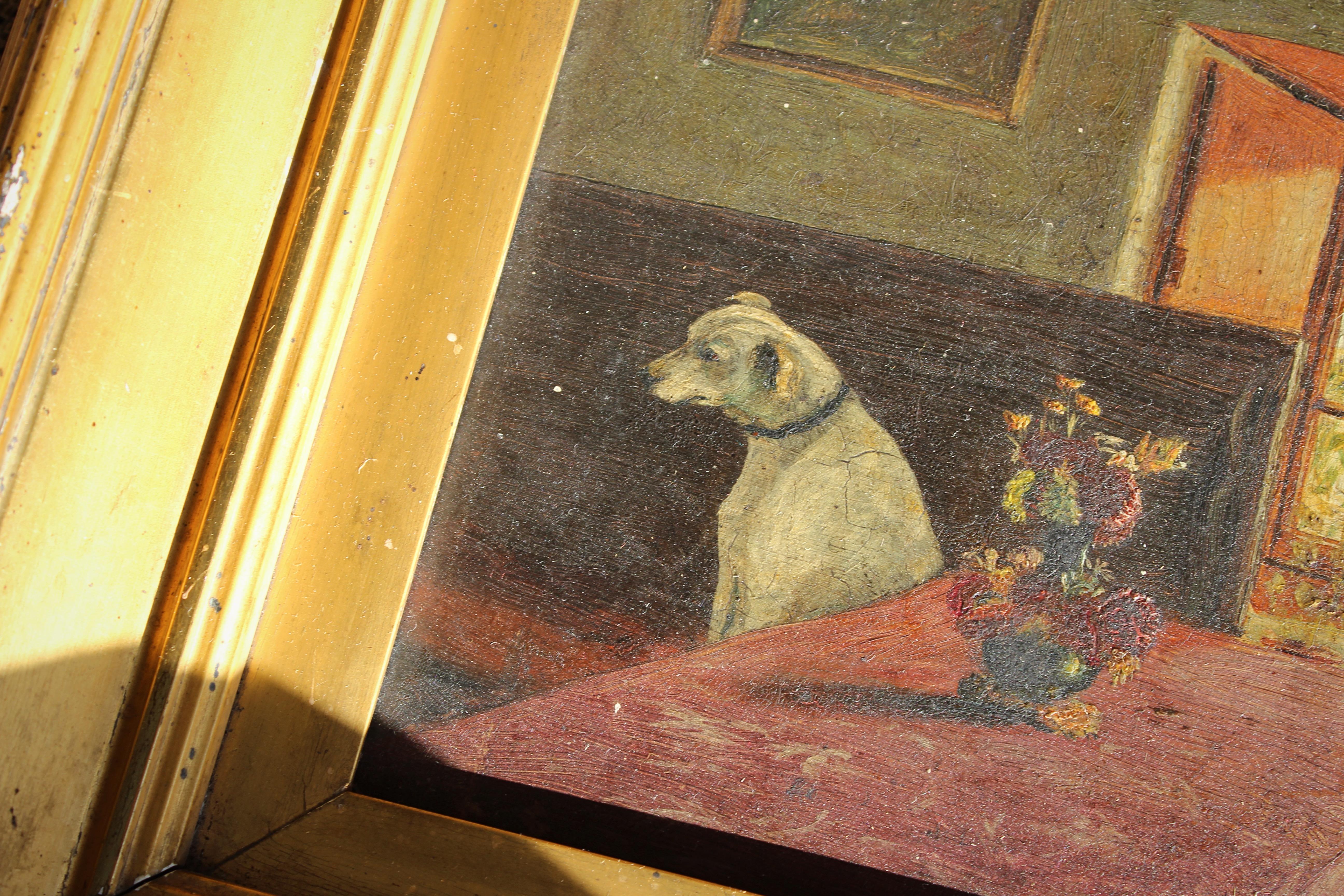 Victorien tardif Art populaire du 19e siècle J.Wheatley Jones, huile sur panneau, chien et intérieur « Inferno » 1887  en vente