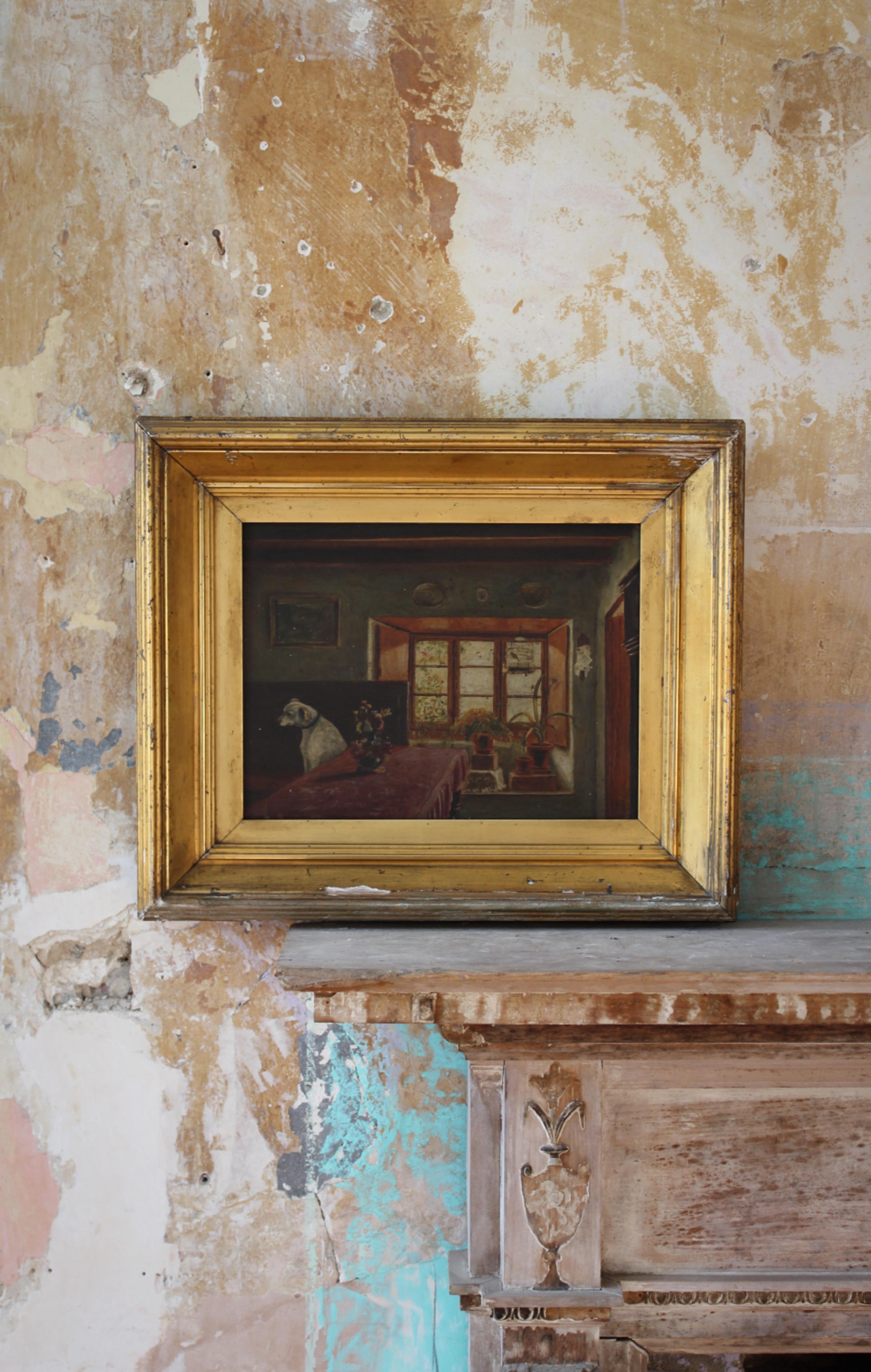 Toile Art populaire du 19e siècle J.Wheatley Jones, huile sur panneau, chien et intérieur « Inferno » 1887  en vente