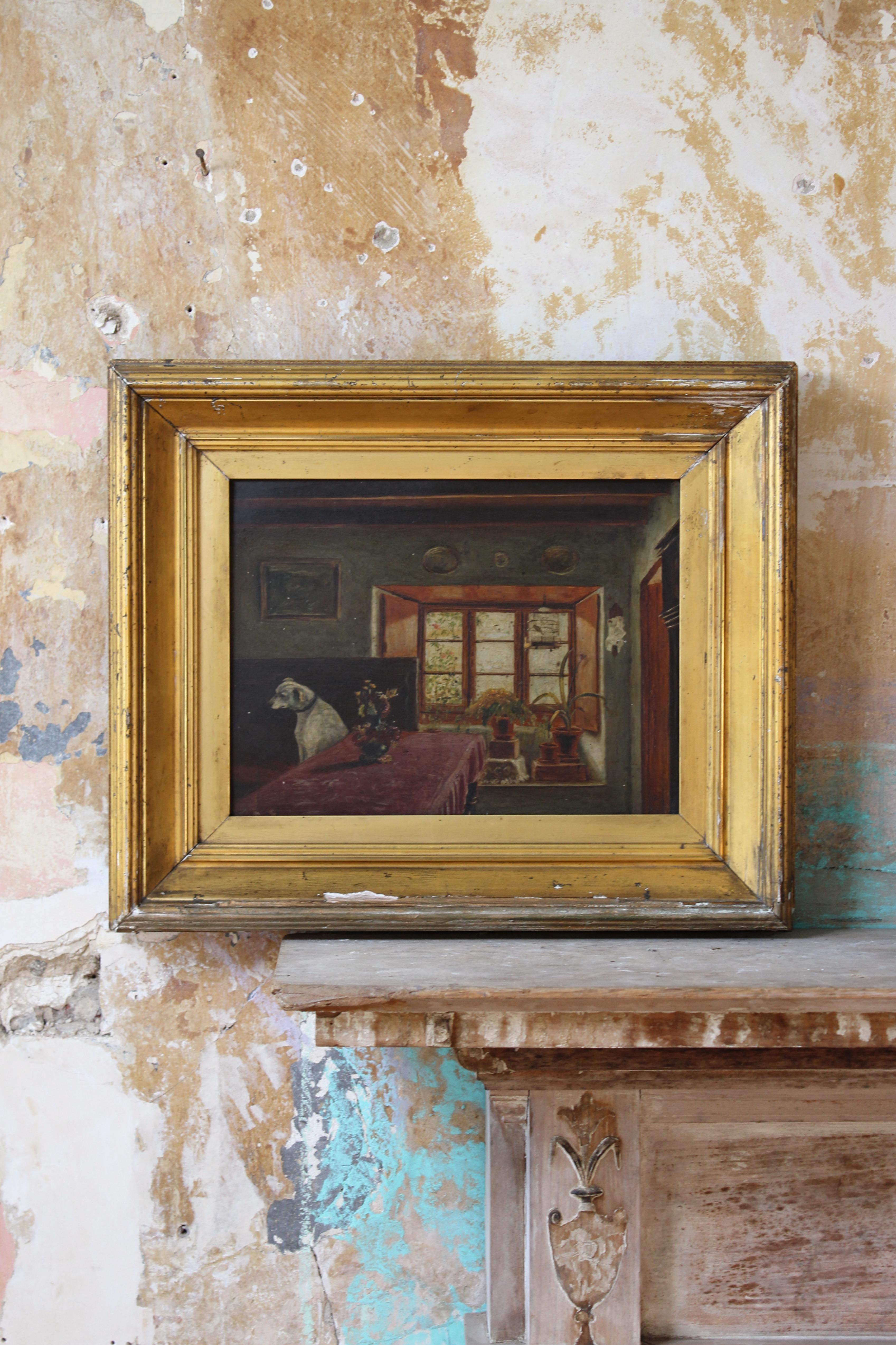 Art populaire du 19e siècle J.Wheatley Jones, huile sur panneau, chien et intérieur « Inferno » 1887  en vente 1