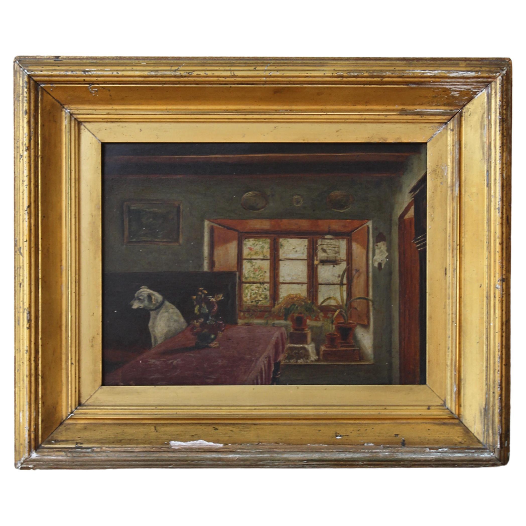 19th C Folk Art J.Wheatley Jones Oil on Board Dog & Interior "Inferno" 1887  For Sale
