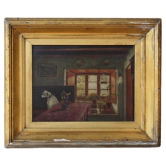 19th C Folk Art J.Wheatley Jones Oil on Board Dog & Interior "Inferno" 1887 