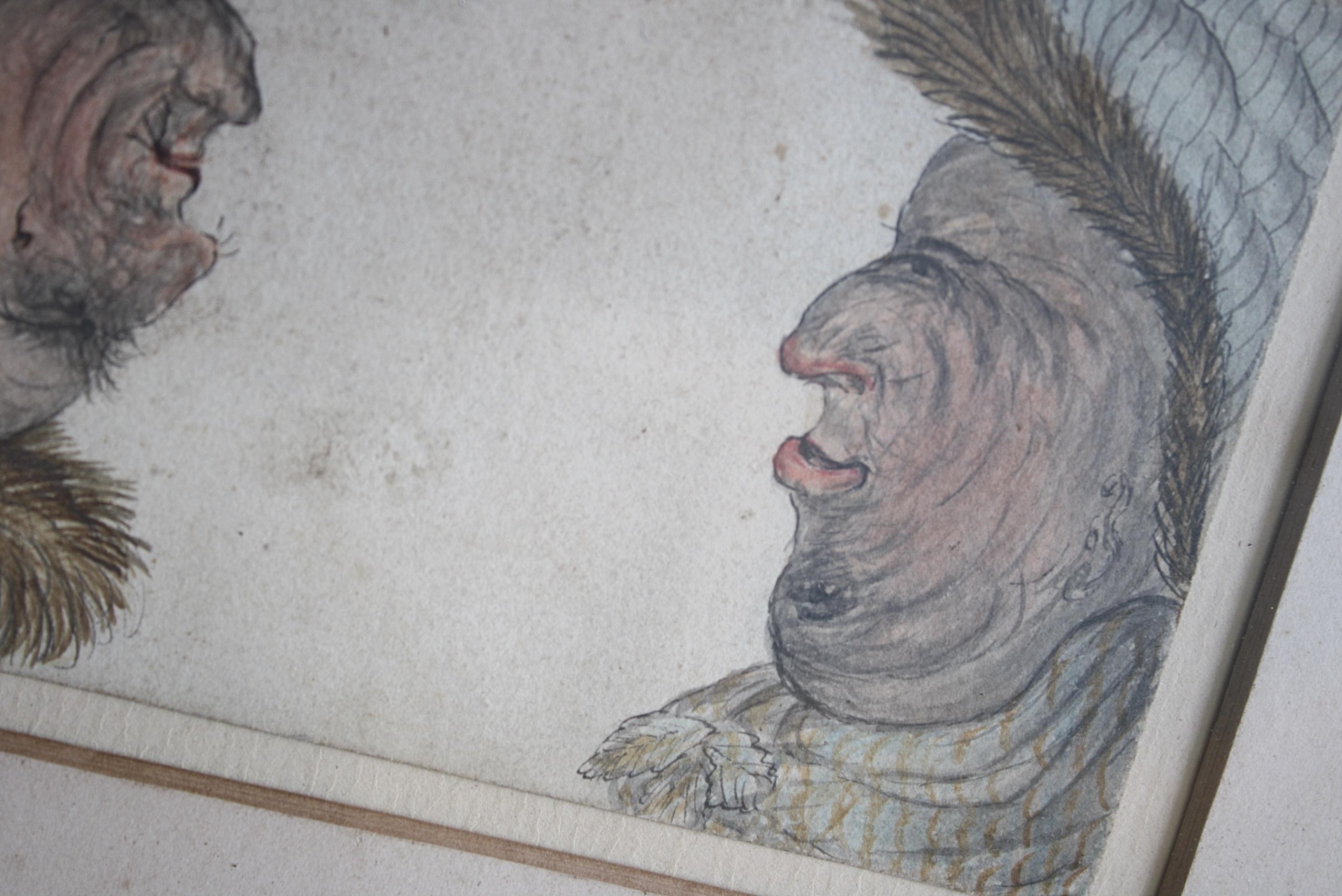 Ein ungewöhnliches groteskes Wendeprofilbild von zwei gut verwitterten Herren.

Aquarell und Tinte auf Papier, in einem späteren Rahmen im Regency-Stil mit Schilfrohr. 

Um 1860, englischer Ursprung 

27.5/23/1.2cm.