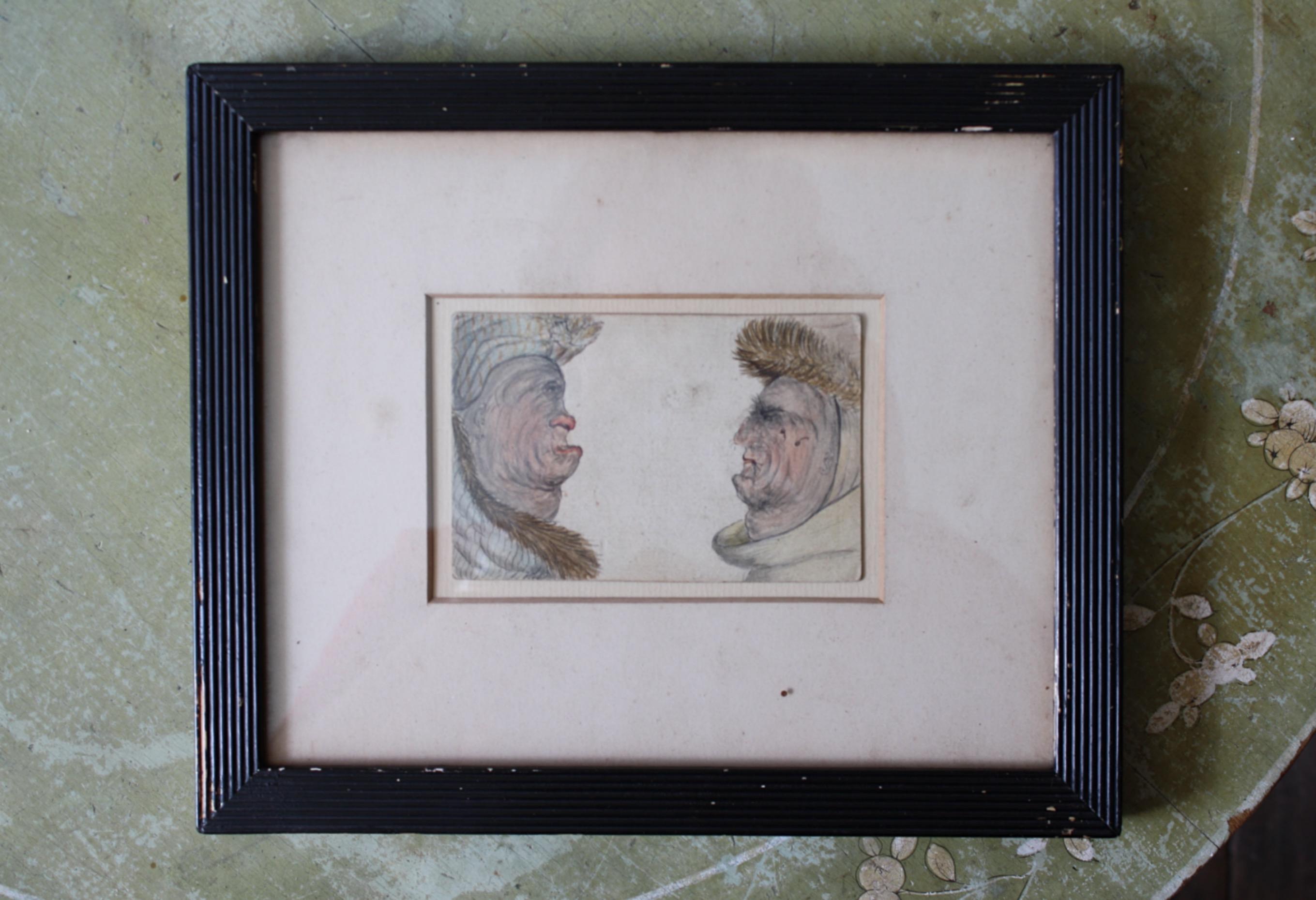 19th C Four Faced Grotesque Reversible Ambiguous Watercolour Portrait Curio In Good Condition For Sale In Lowestoft, GB