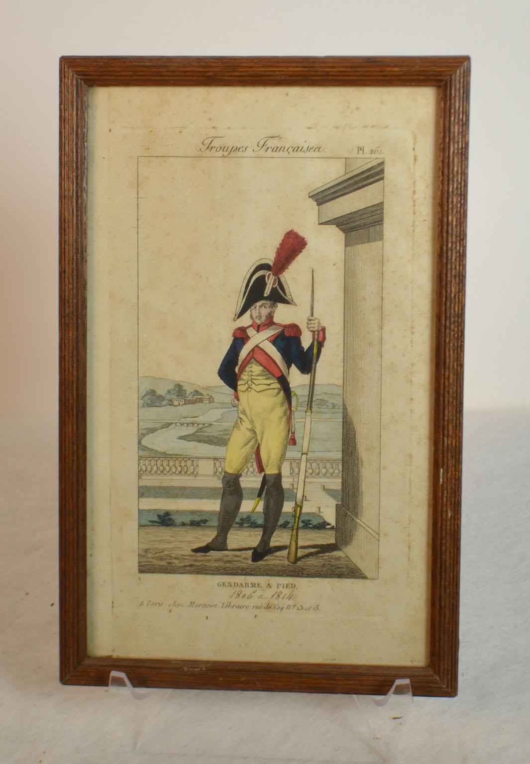 Framed Empire period engraving of French cavalry French troops: Foot Constable. Bookseller A. Martinet in Paris, and Saluden Brest Galarie.