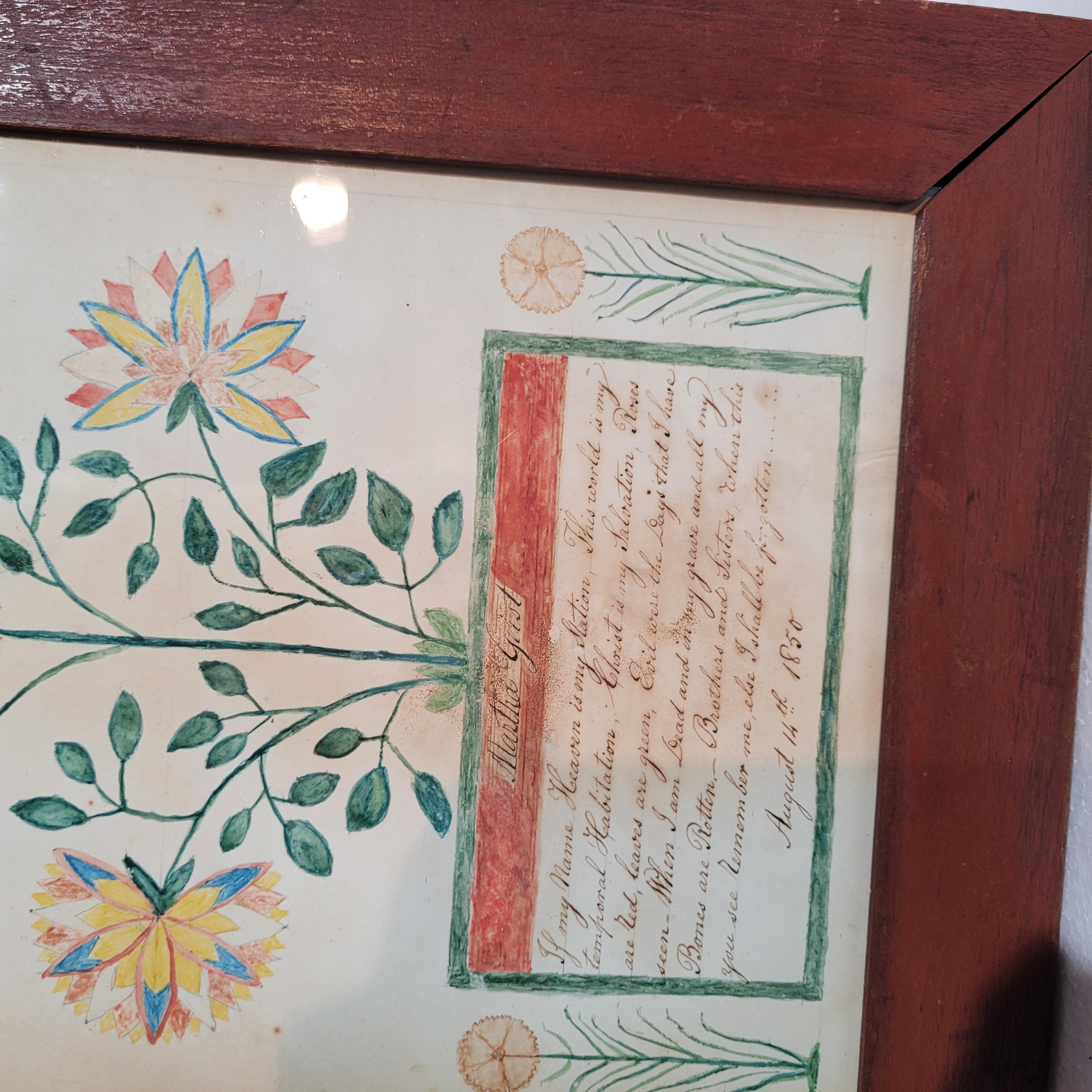 19th C Framed Fraktur Watercolor Painting In Good Condition For Sale In Los Angeles, CA