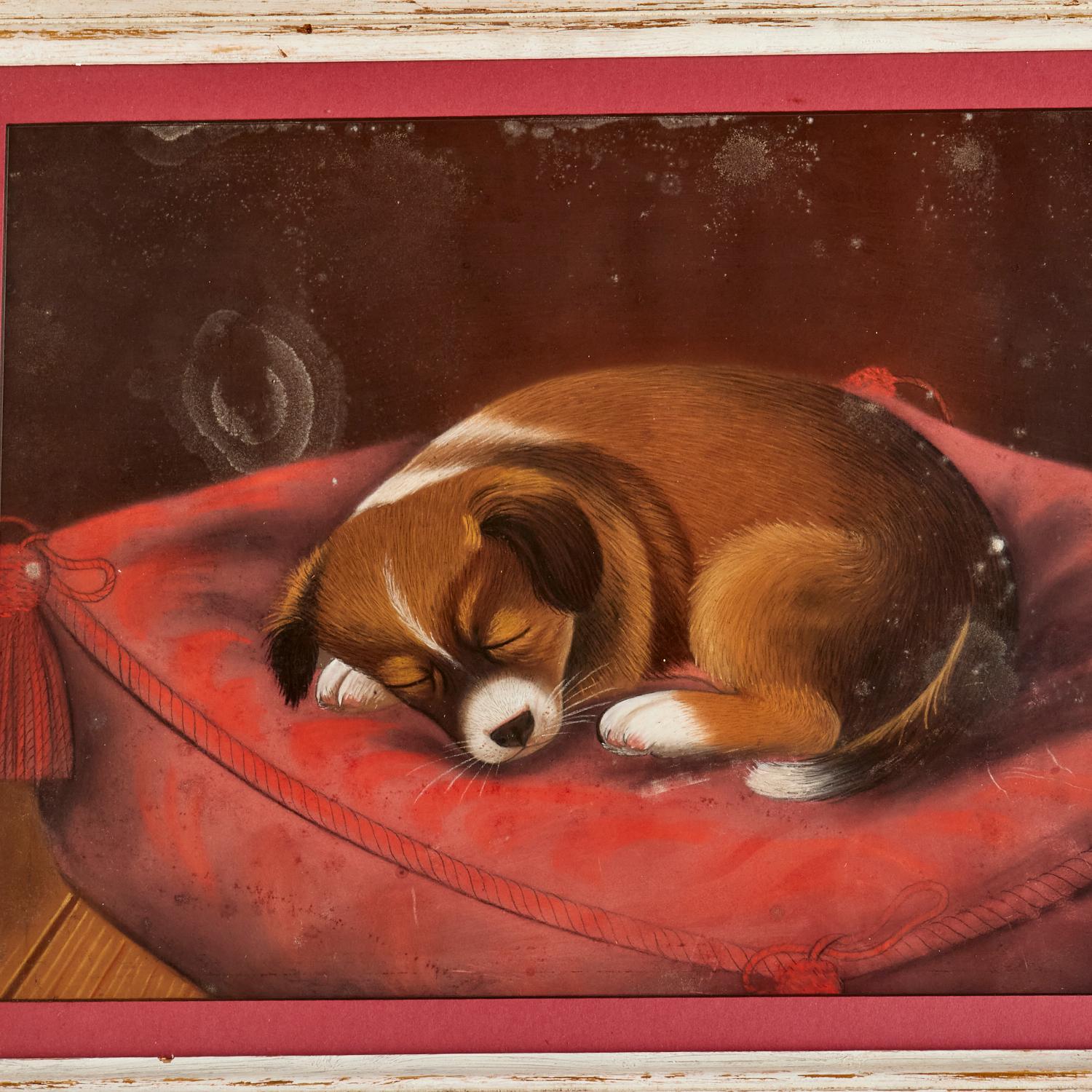 Chiot dormant sur un oreiller Pastel sur papier, encadré sous verre

Un portrait tendre et finement exécuté au pastel du 19e siècle d'un chiot endormi, niché sur un oreiller rouge à pompons. Le traitement sensible de l'anatomie animale, le charme