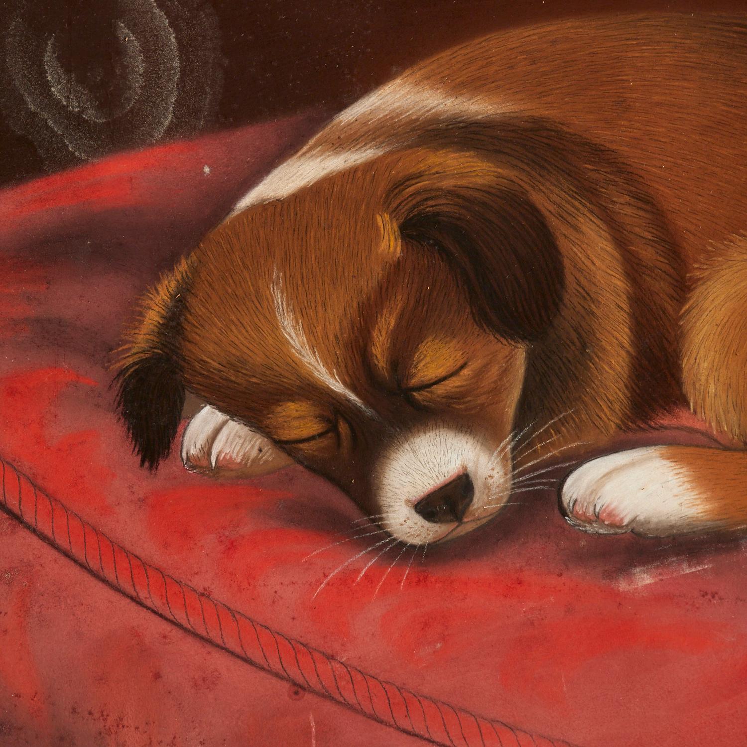 Artisanat A.I.C. encadré Pastel sur papier - Chiot endormi  - Style de Susan C. I. M. Waters en vente