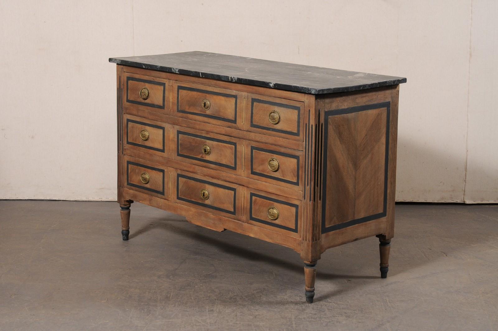 19th C. French 3-Drawer Wooden Commode w/Faux Marble Top & Brass Hardware For Sale 6