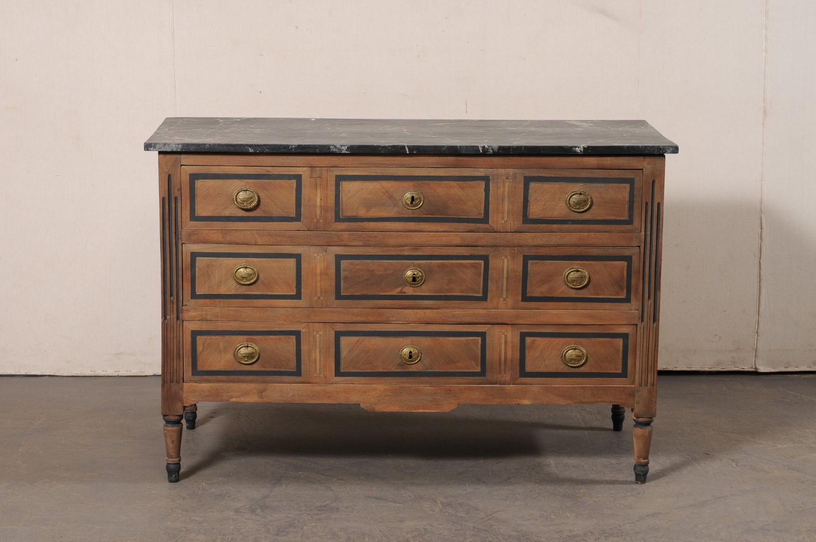 19th C. French 3-Drawer Wooden Commode w/Faux Marble Top & Brass Hardware For Sale 7