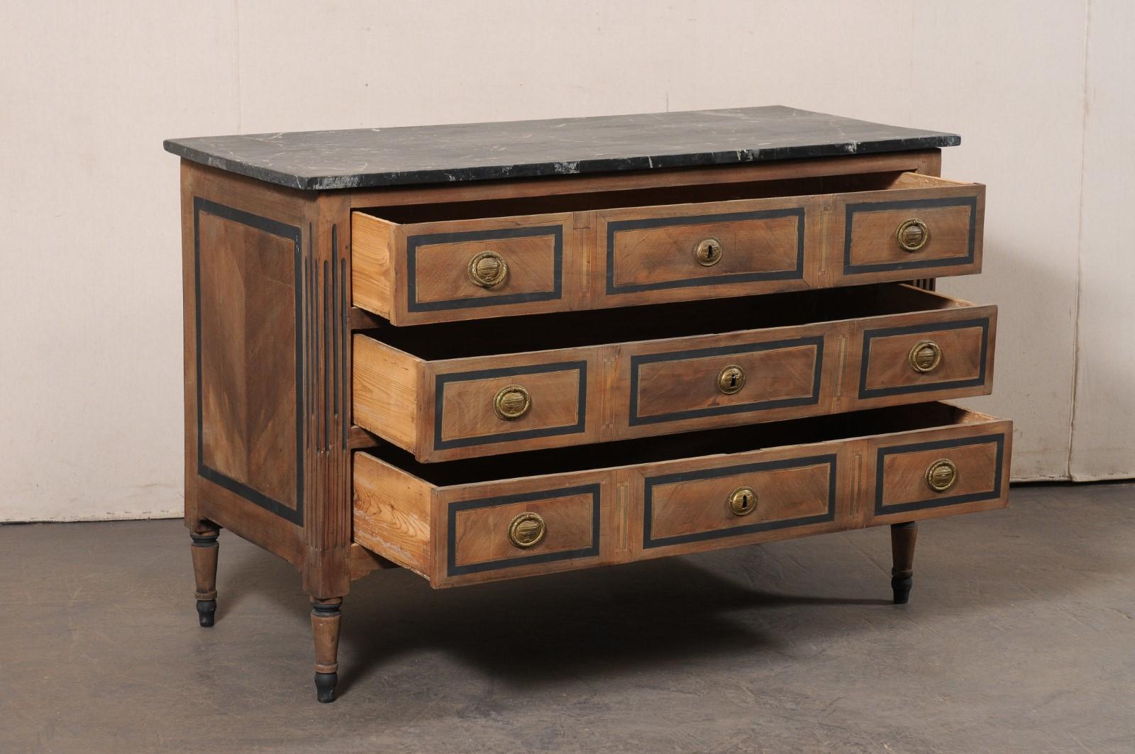 Neoclassical 19th C. French 3-Drawer Wooden Commode w/Faux Marble Top & Brass Hardware For Sale