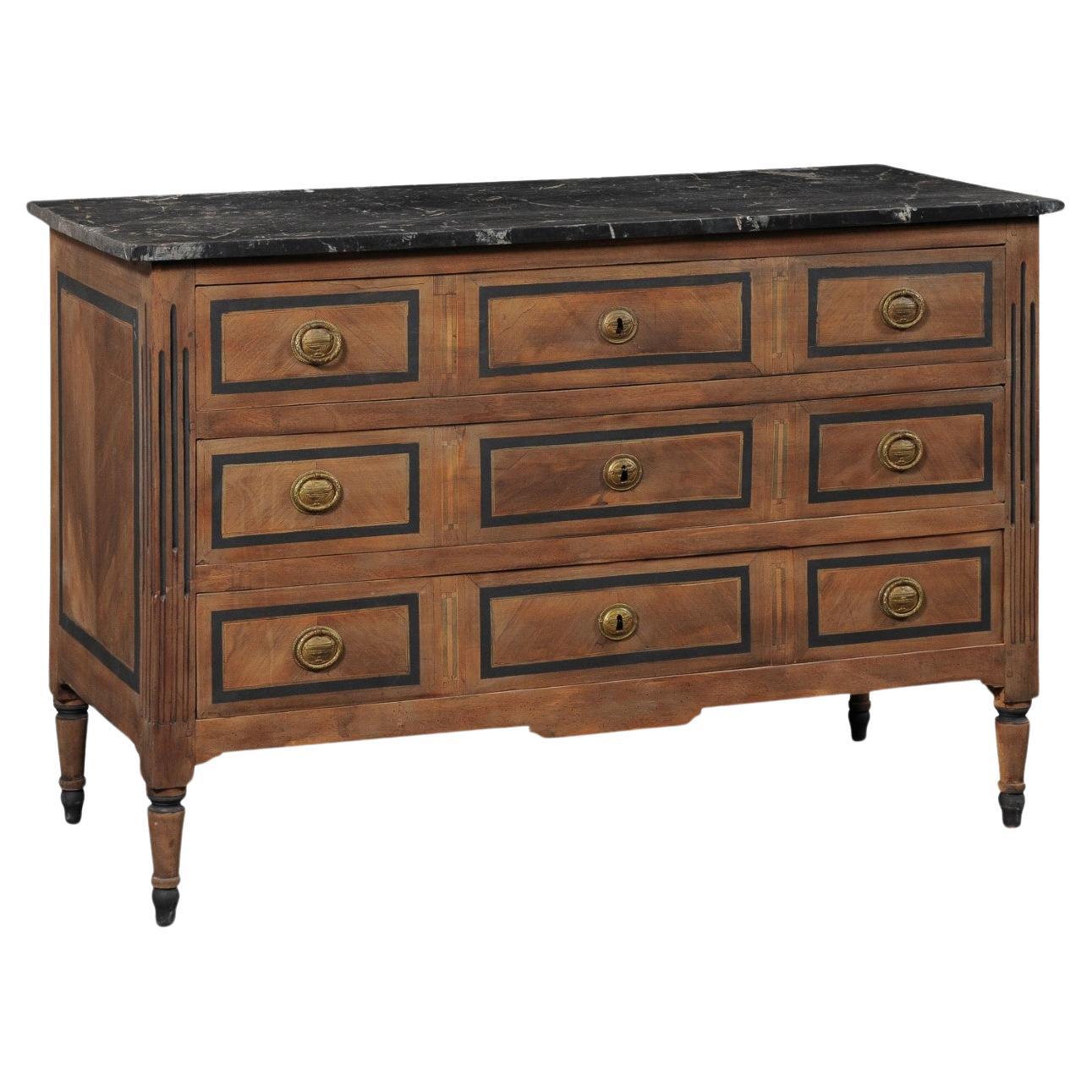 19th C. French 3-Drawer Wooden Commode w/Faux Marble Top & Brass Hardware For Sale
