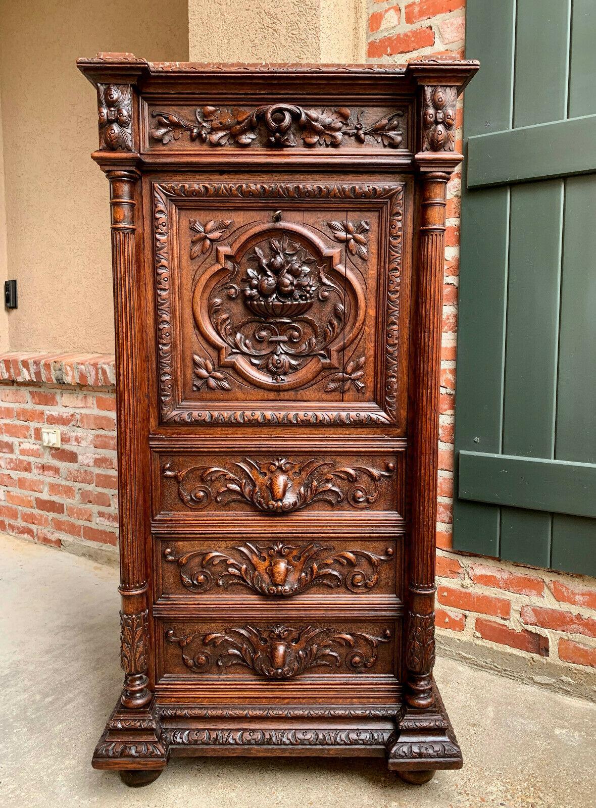 Hand-Carved French Abattant Secretary Carved Desk Cabinet Renaissance Louis XIII