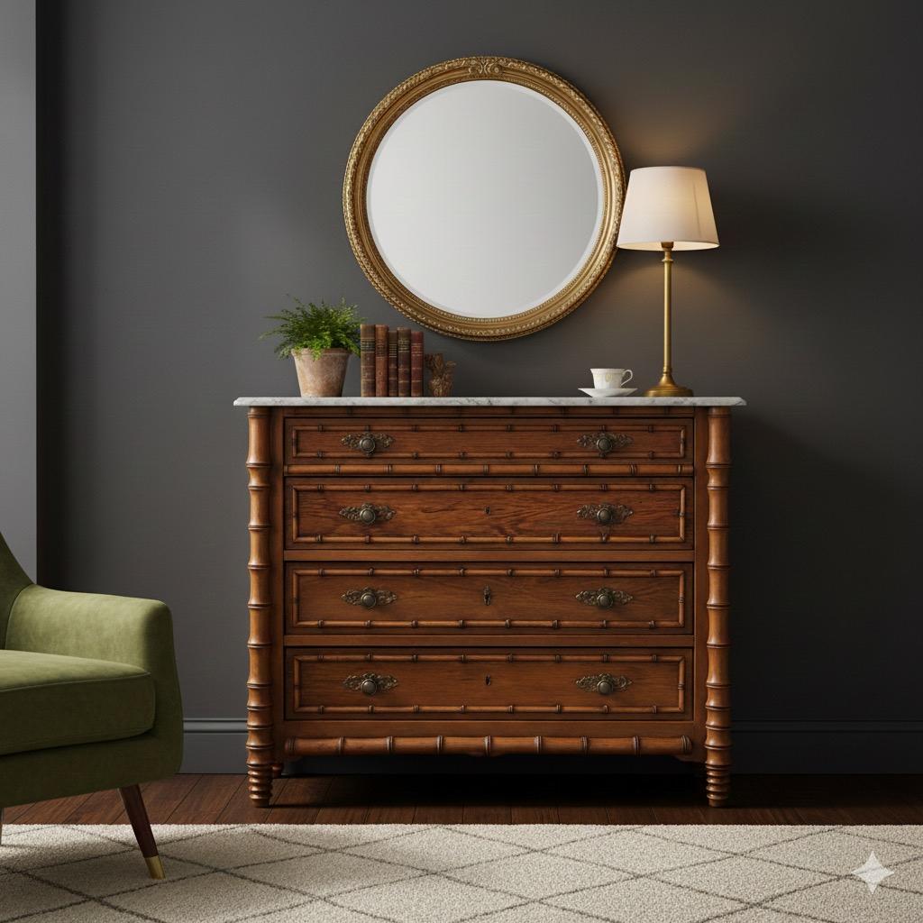 Si tratta di una commode francese della fine del XIX secolo con piano in finto bambù e marmo grigio. Il marmo non è attaccato. Il corpo è in pino duro. Ogni cassetto è dotato di pomelli e di una chiave di chiusura. La piastra posteriore è mancante