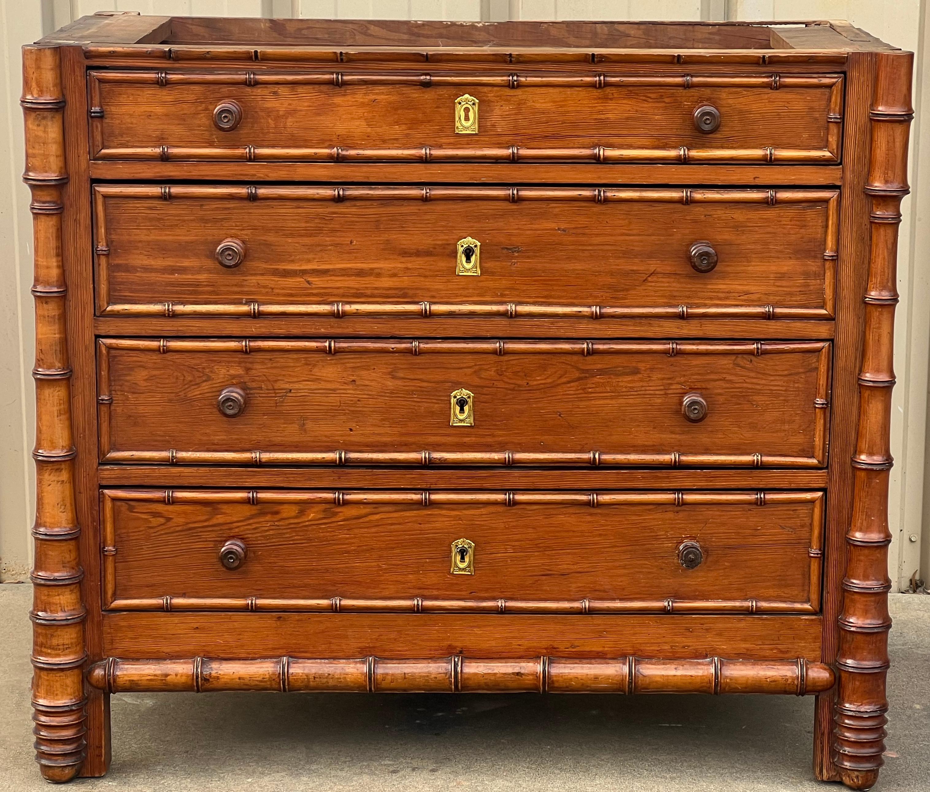 20th Century 19th-C. French Aesthetic Movement Faux Bamboo Pine & Marble Chest / Commode For Sale