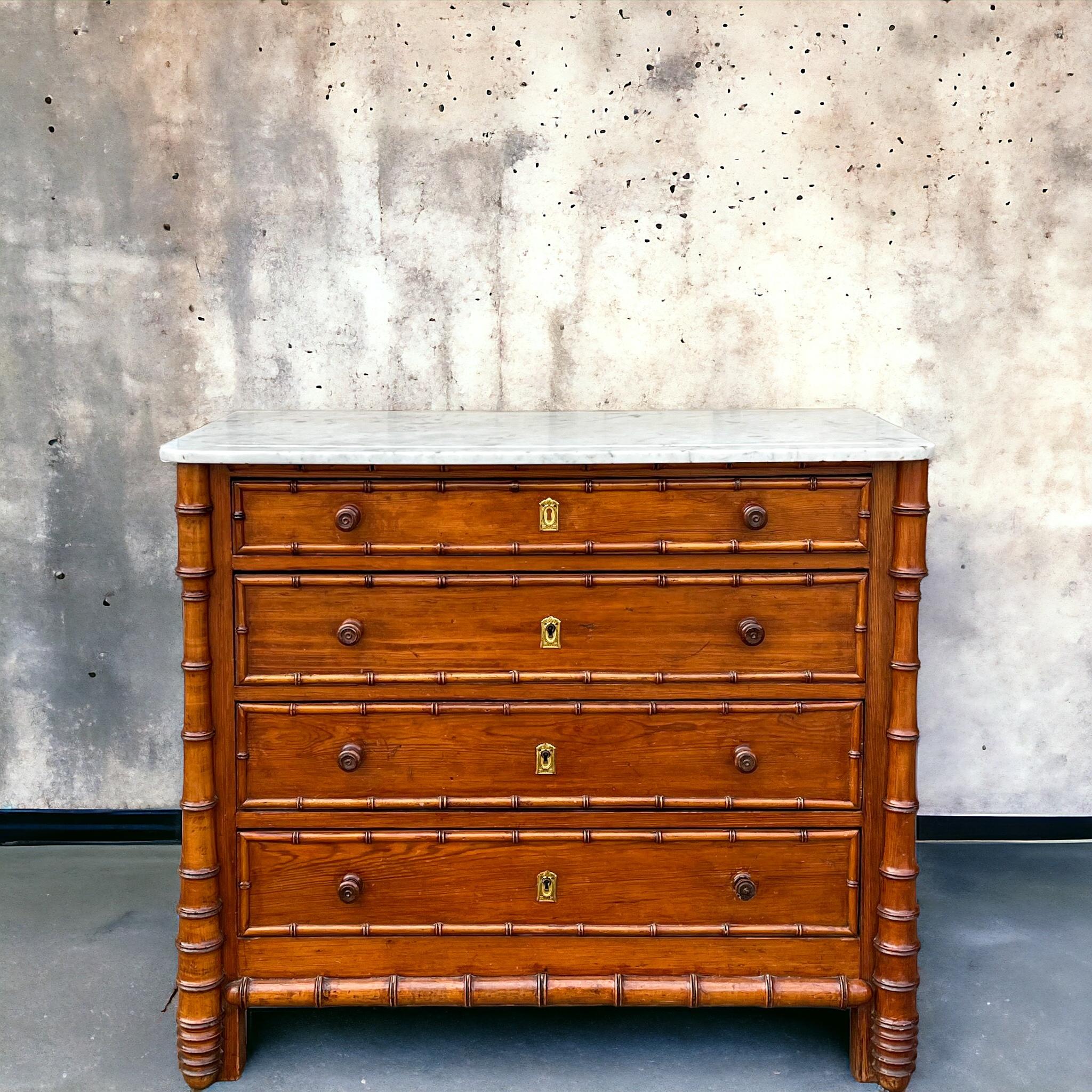 19th-C. French Aesthetic Movement Faux Bamboo Pine & Marble Chest / Commode For Sale 1