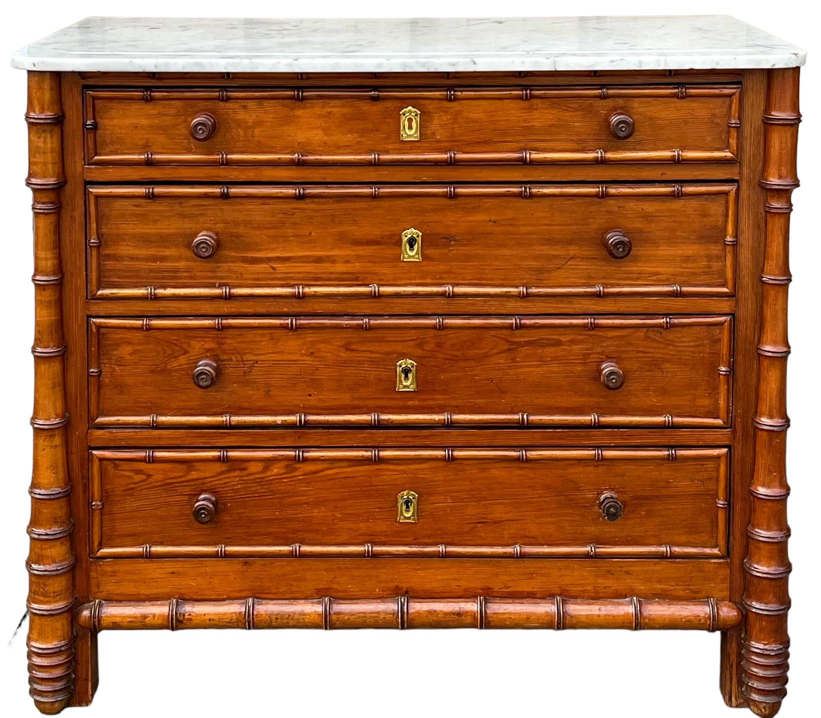 19th-C. French Aesthetic Movement Faux Bamboo Pine & Marble Chest / Commode For Sale 3