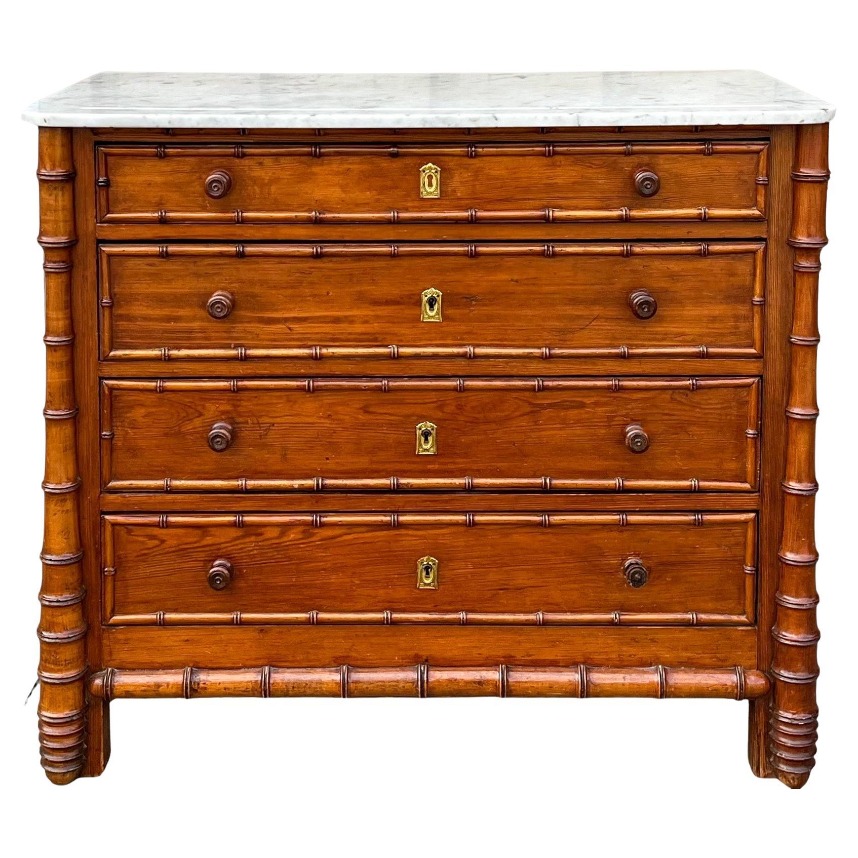 19th-C. French Aesthetic Movement Faux Bamboo Pine & Marble Chest / Commode For Sale