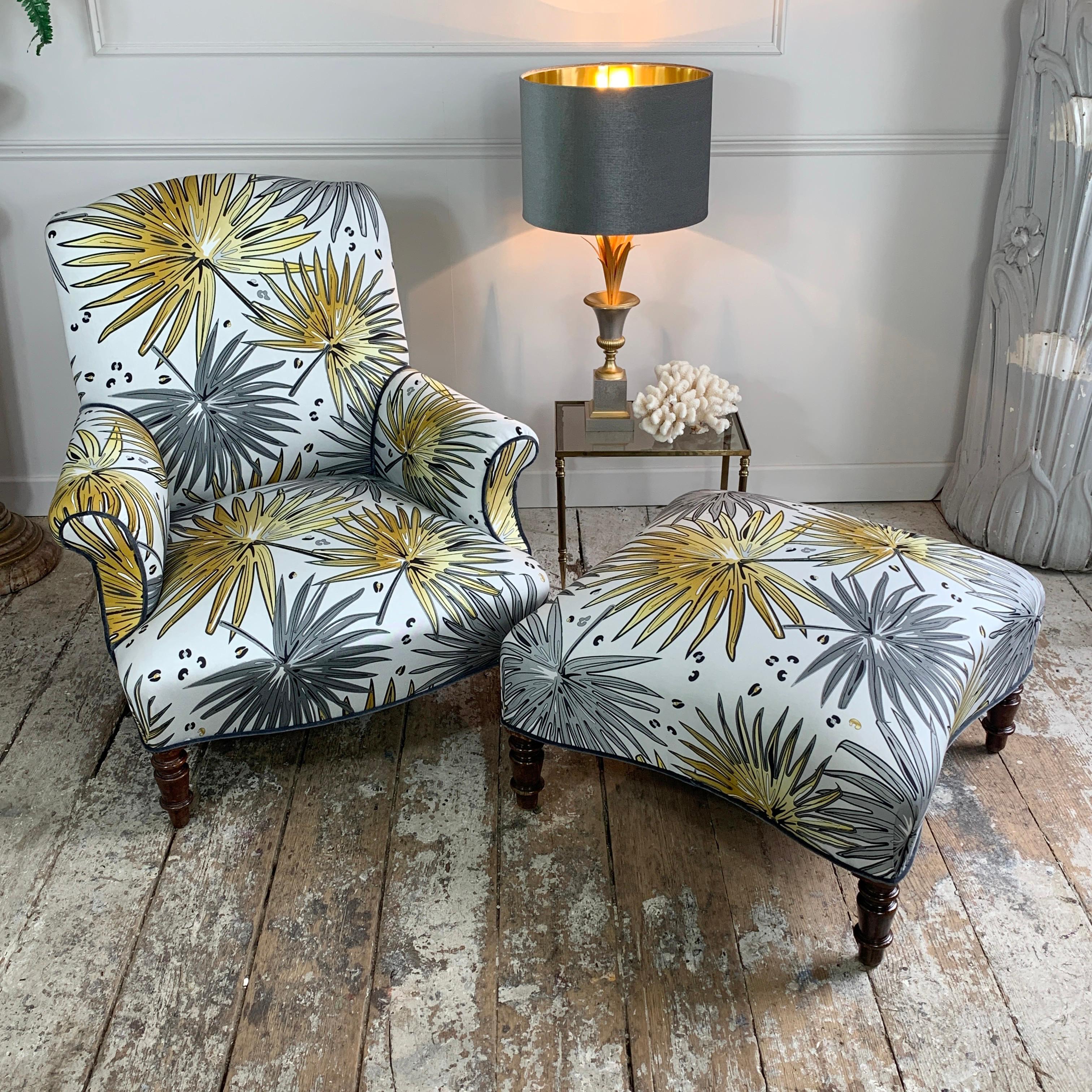 19th C French Armchair and Footstool in 'Fan Palm’ Fabric For Sale 2