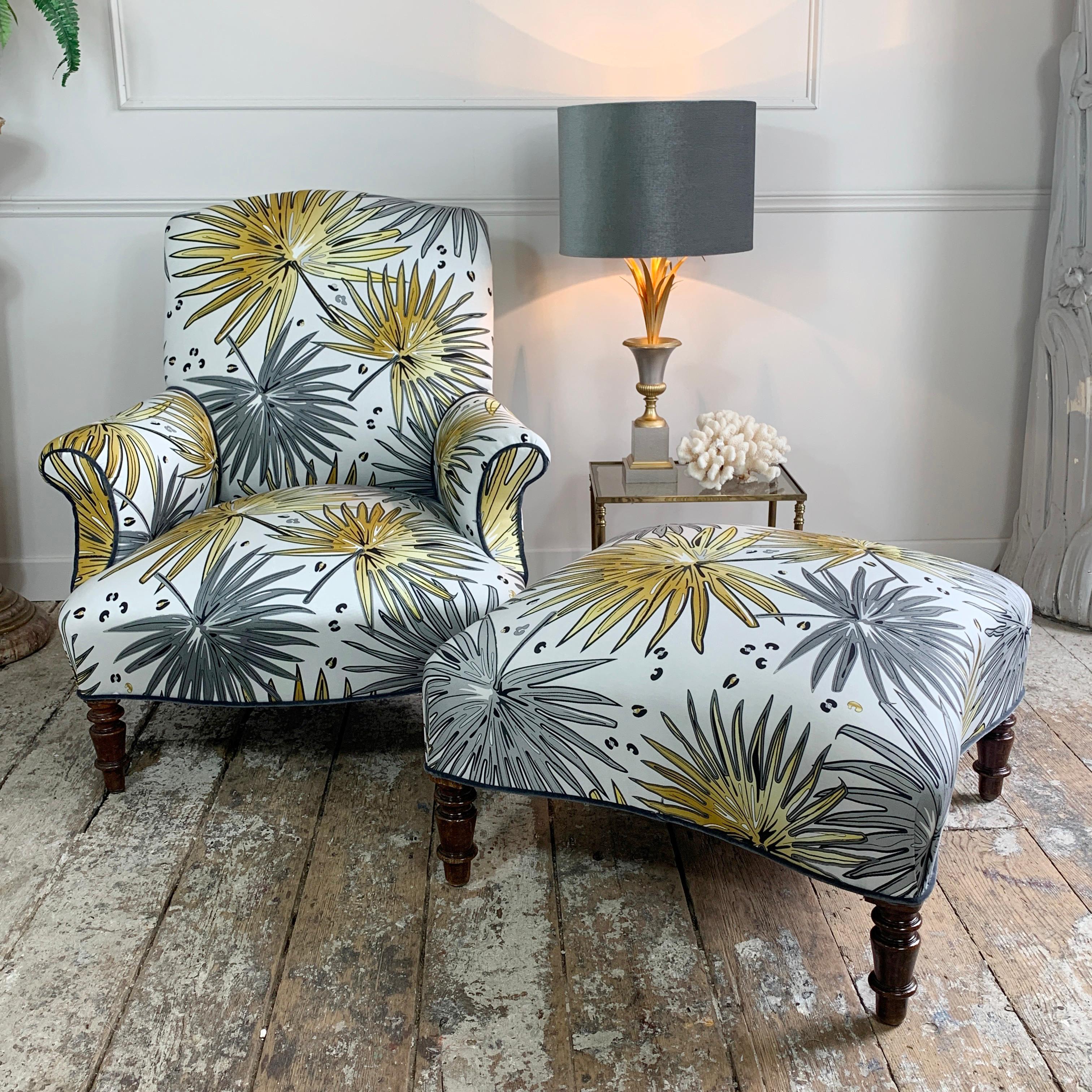 19th C French Armchair and Footstool in 'Fan Palm’ Fabric For Sale 3