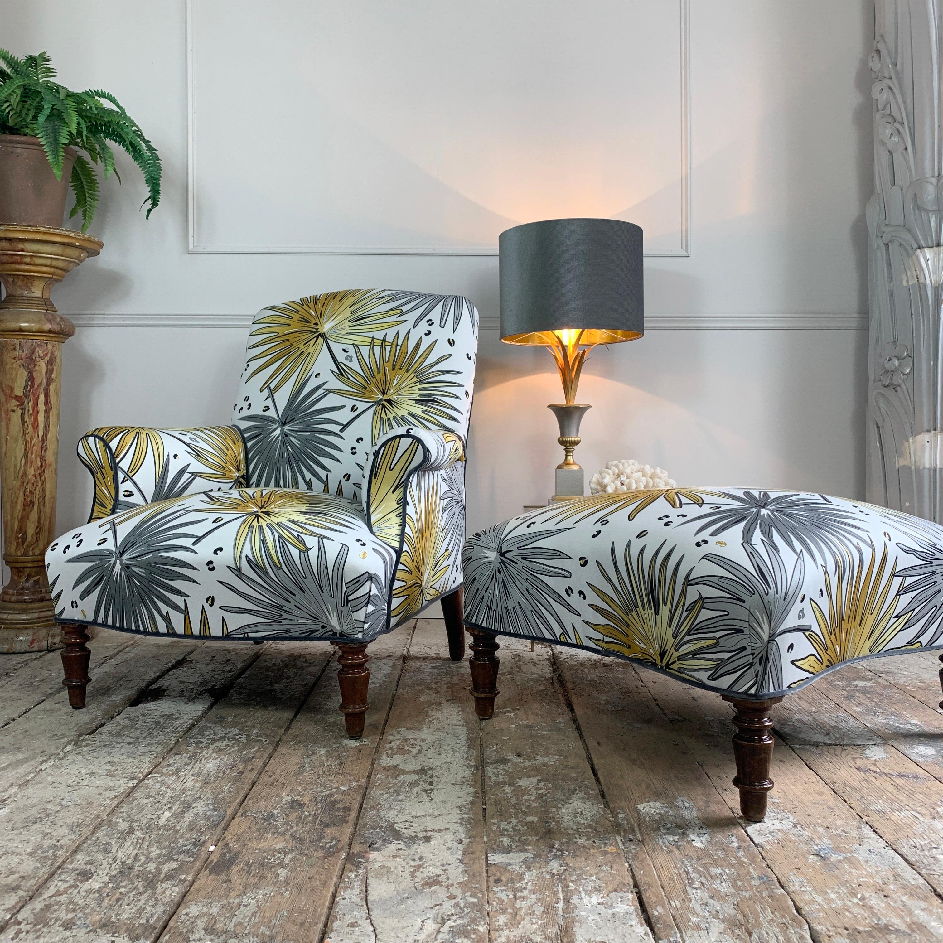 19th C French Armchair and Footstool in 'Fan Palm’ Fabric For Sale 5