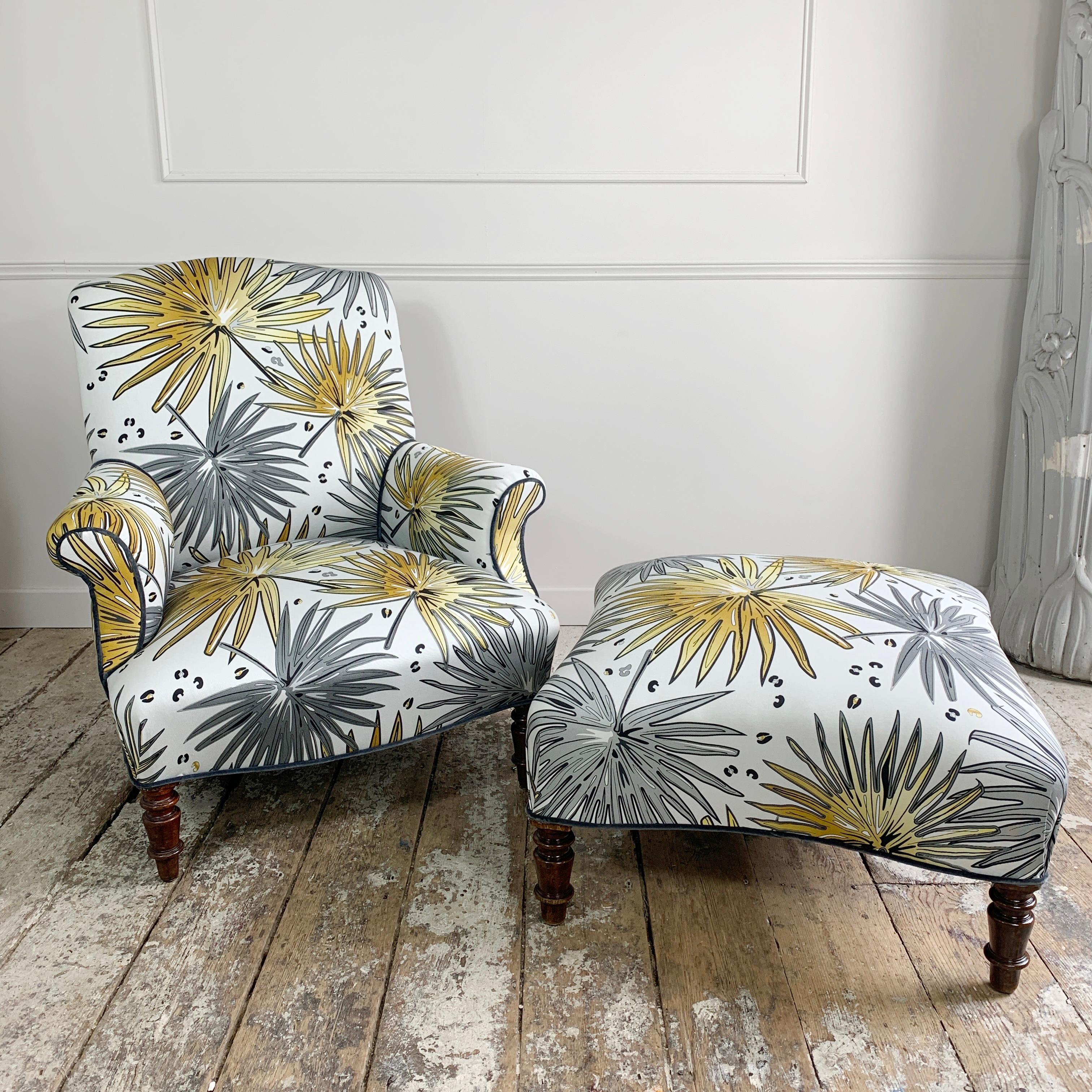 19th C French Armchair and Footstool in 'Fan Palm’ Fabric For Sale 6