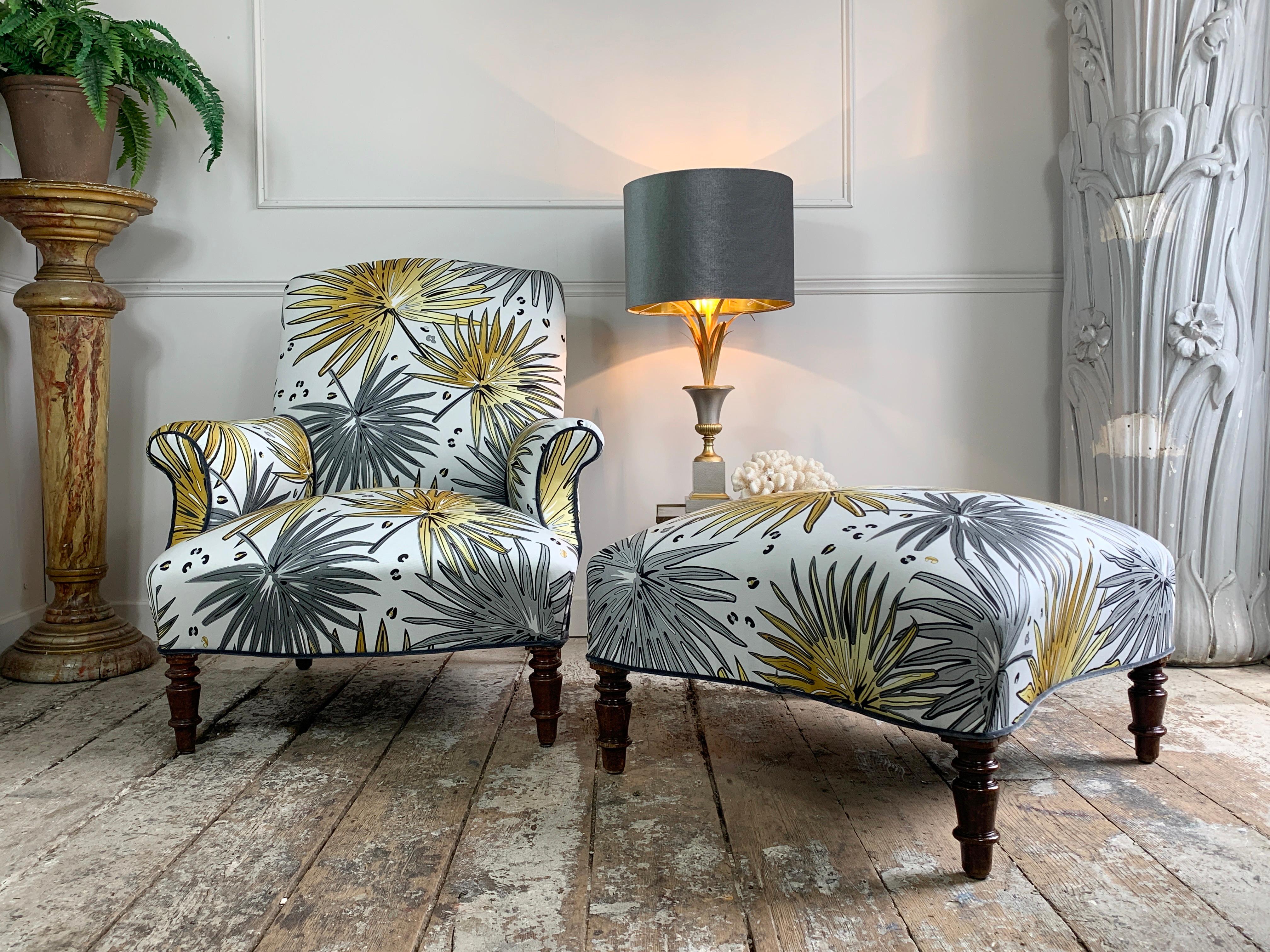 19th C French Armchair and Footstool in 'Fan Palm’ Fabric For Sale 7