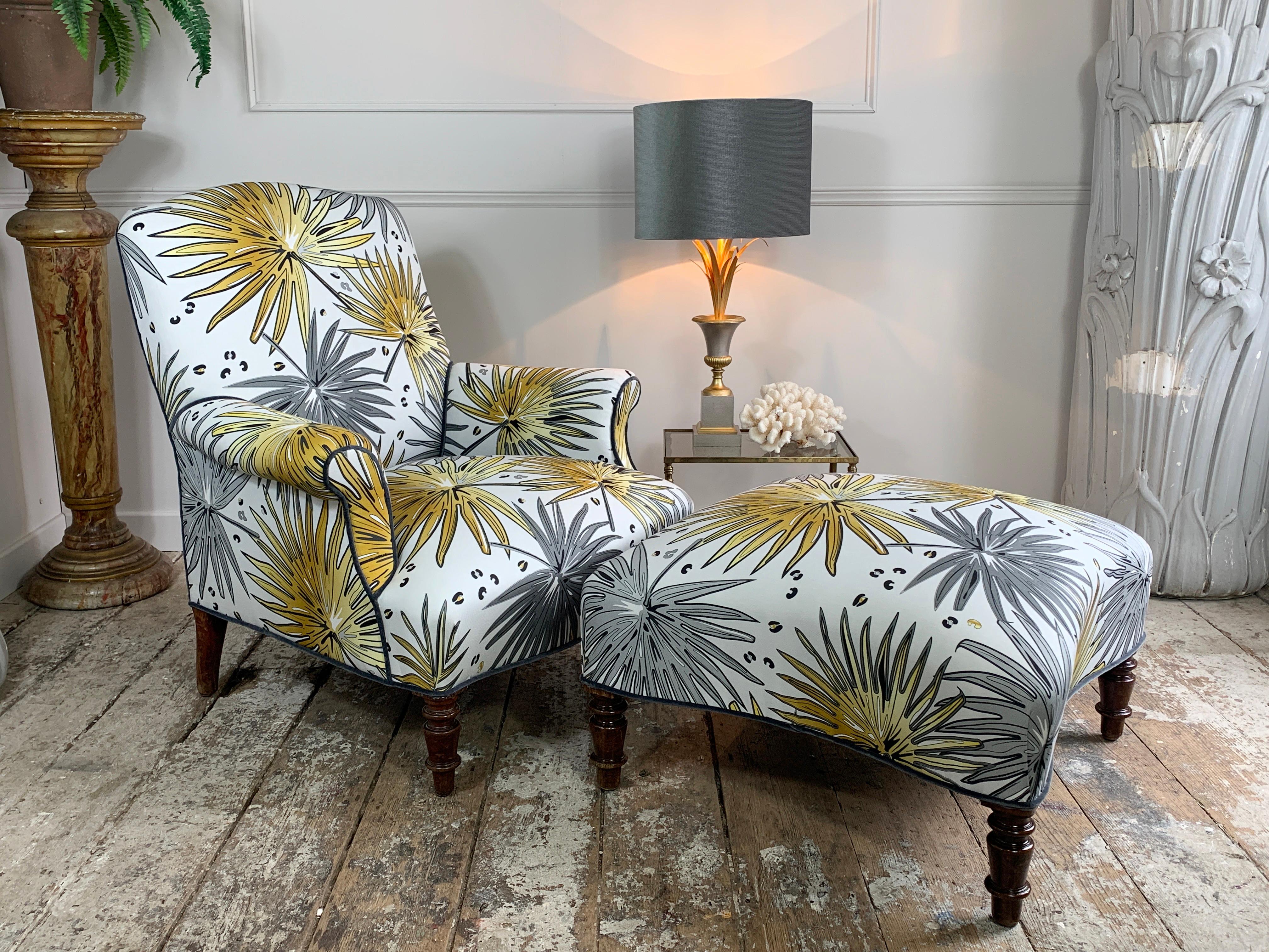 Napoleon III 19th C French Armchair and Footstool in 'Fan Palm’ Fabric For Sale