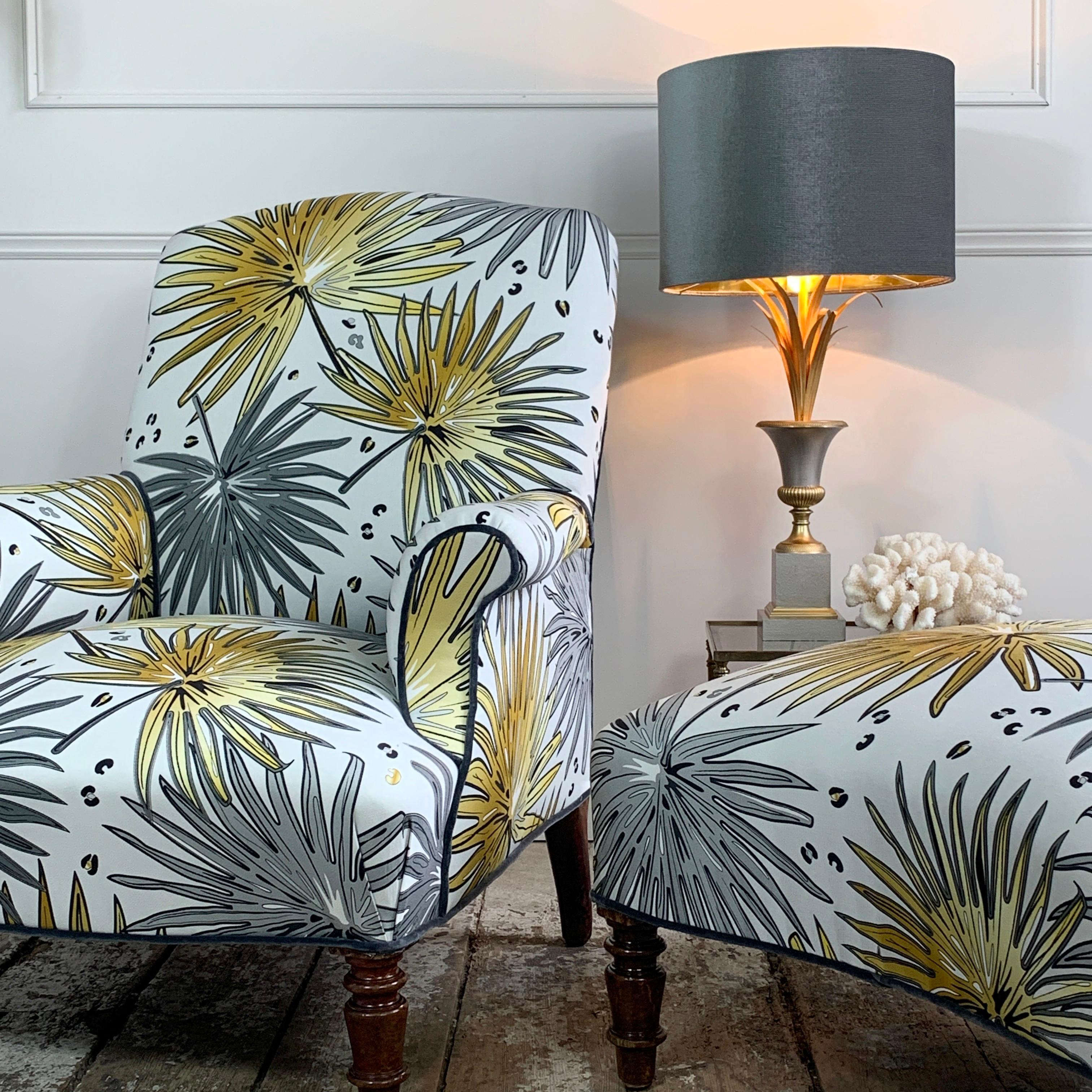 19th C French Armchair and Footstool in 'Fan Palm’ Fabric For Sale 1