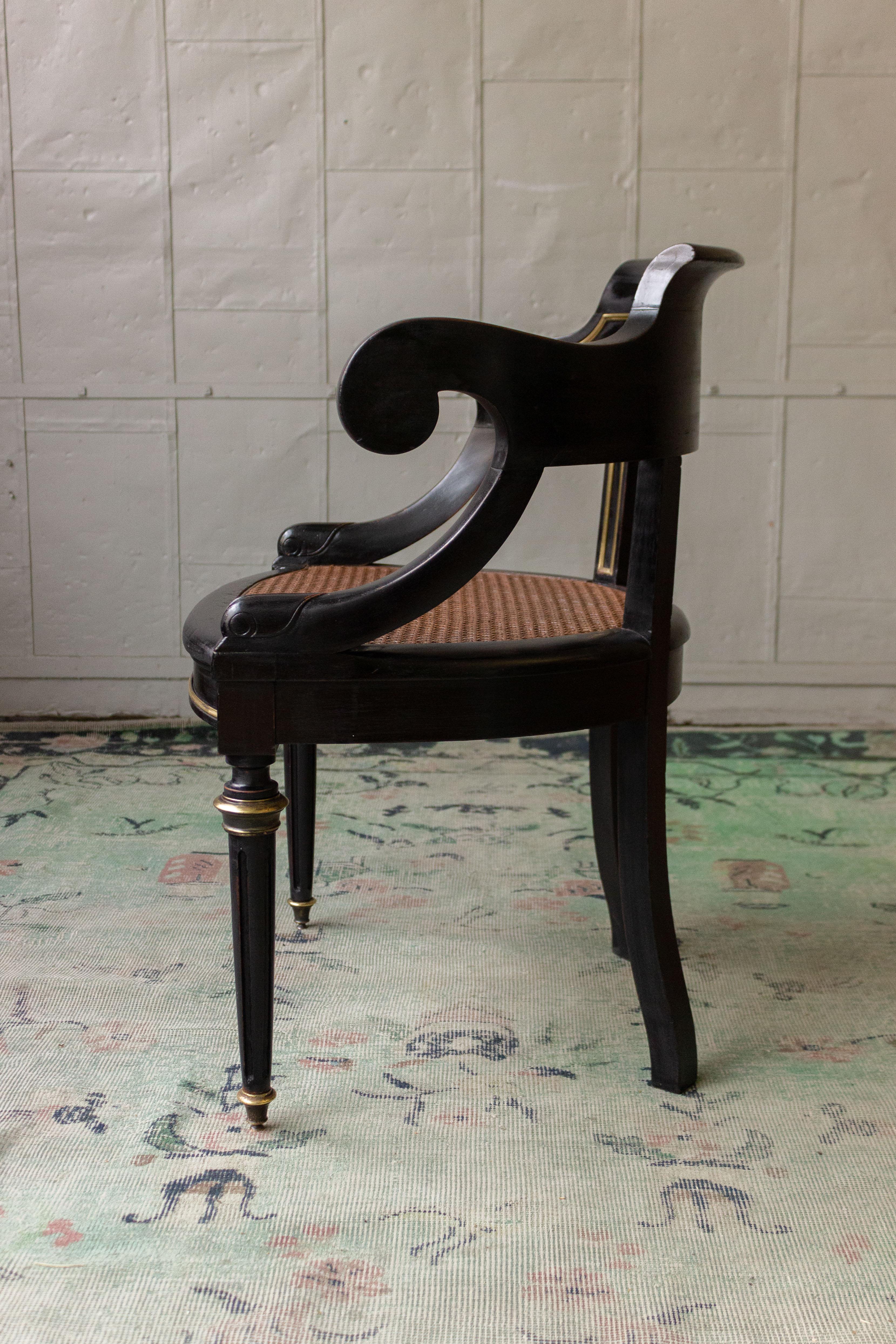 French Ebonized Desk Chair with Caned Seat 5
