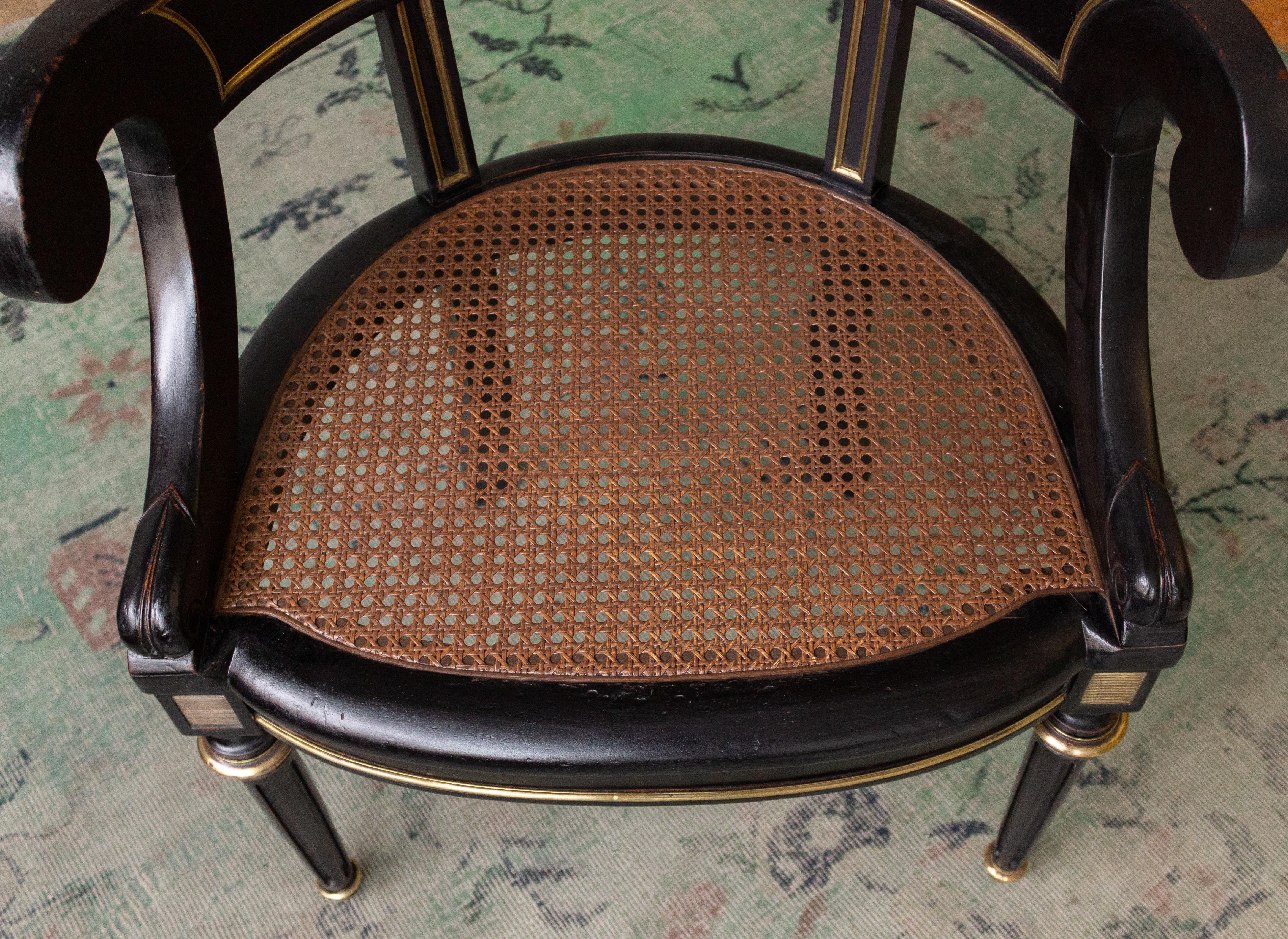 French Ebonized Desk Chair with Caned Seat In Good Condition In Buchanan, NY