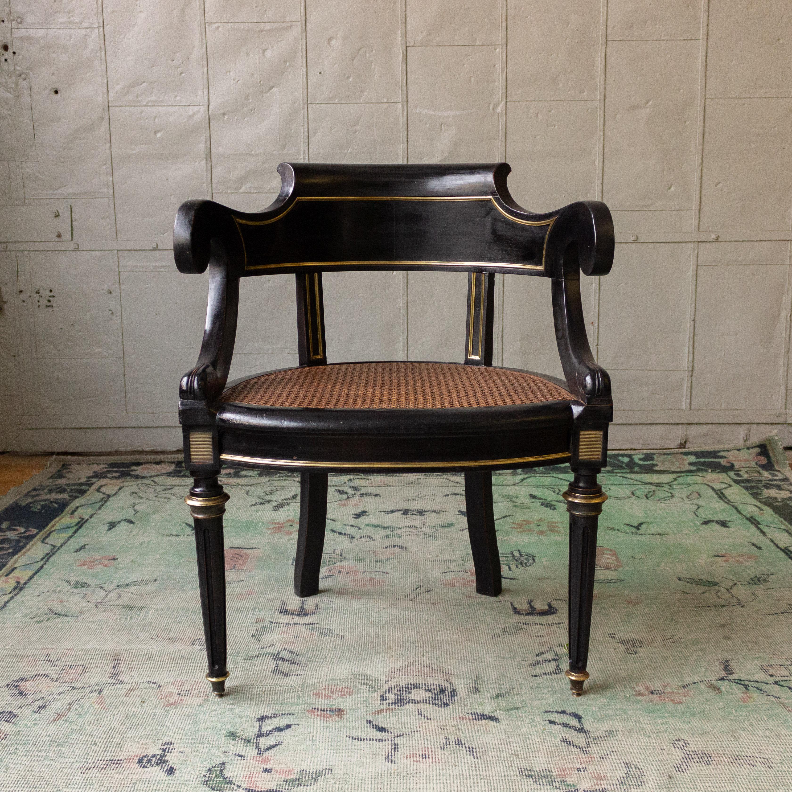 Early 20th Century French Ebonized Desk Chair with Caned Seat