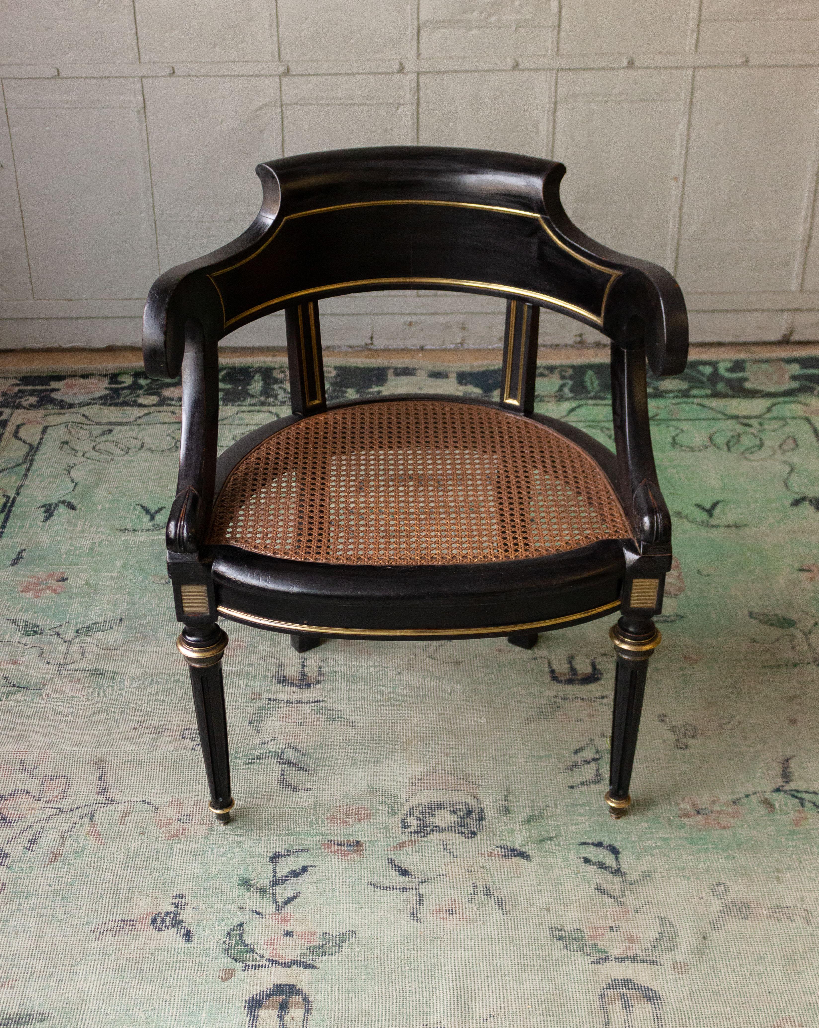 French Ebonized Desk Chair with Caned Seat 1